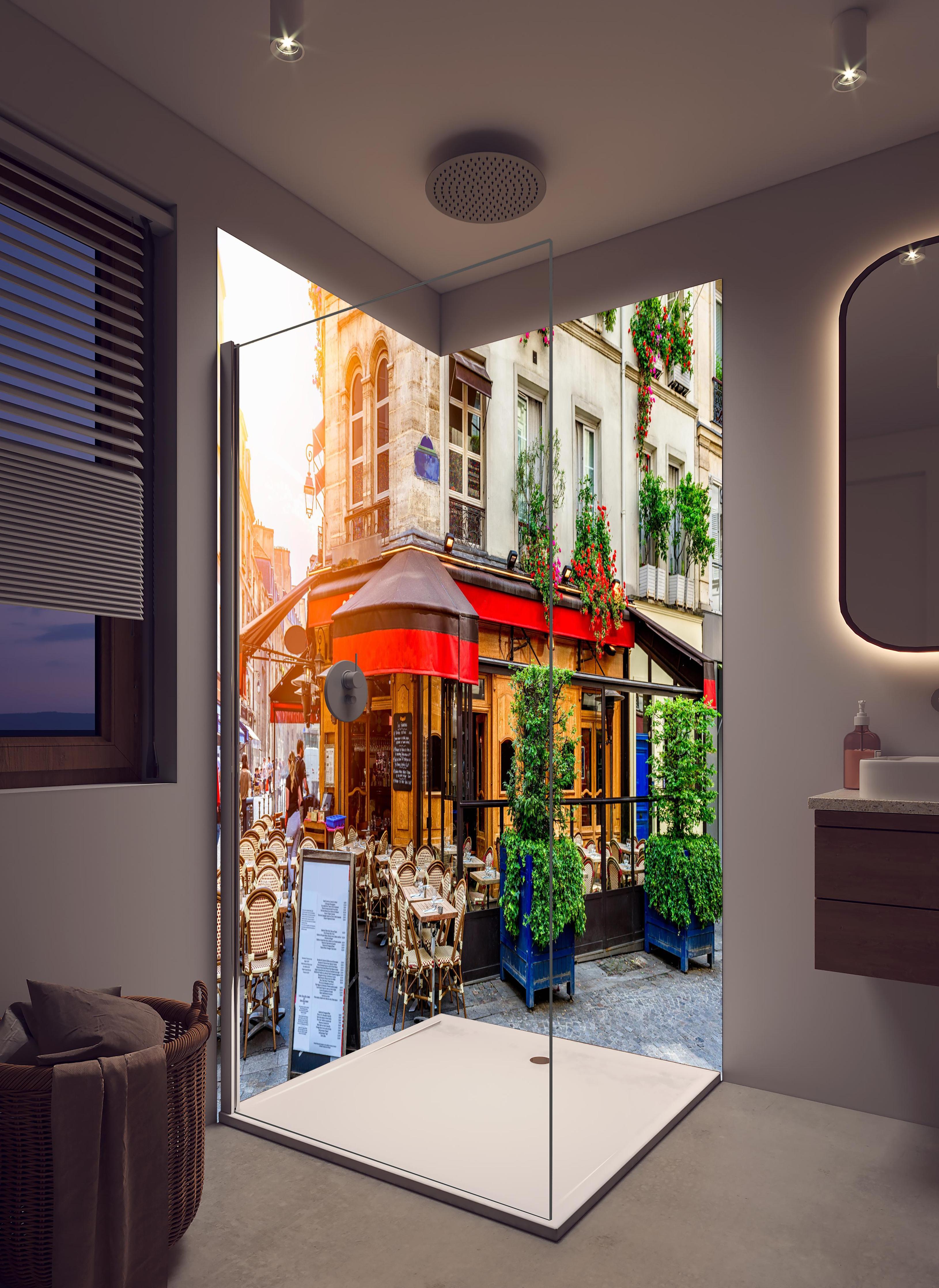 Duschrückwand - Gemütliche Straße mit Tischen eines Cafés in Paris in hellem Badezimmer mit Regenduschkopf - zweiteilige Eck-Duschrückwand