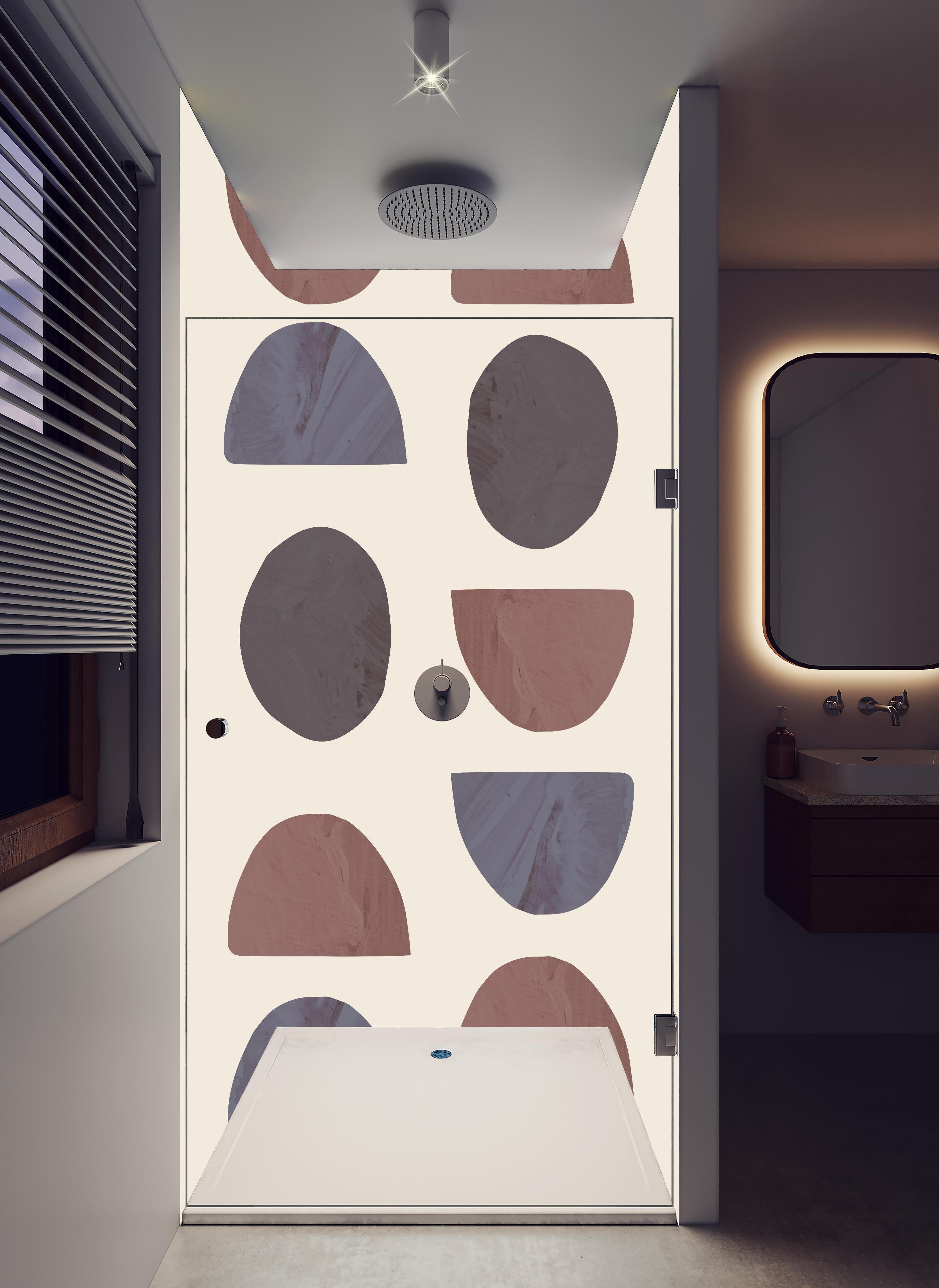 Duschrückwand - Geometrie - Kollage in hellem Badezimmer mit Regenduschkopf - zweiteilige Eck-Duschrückwand