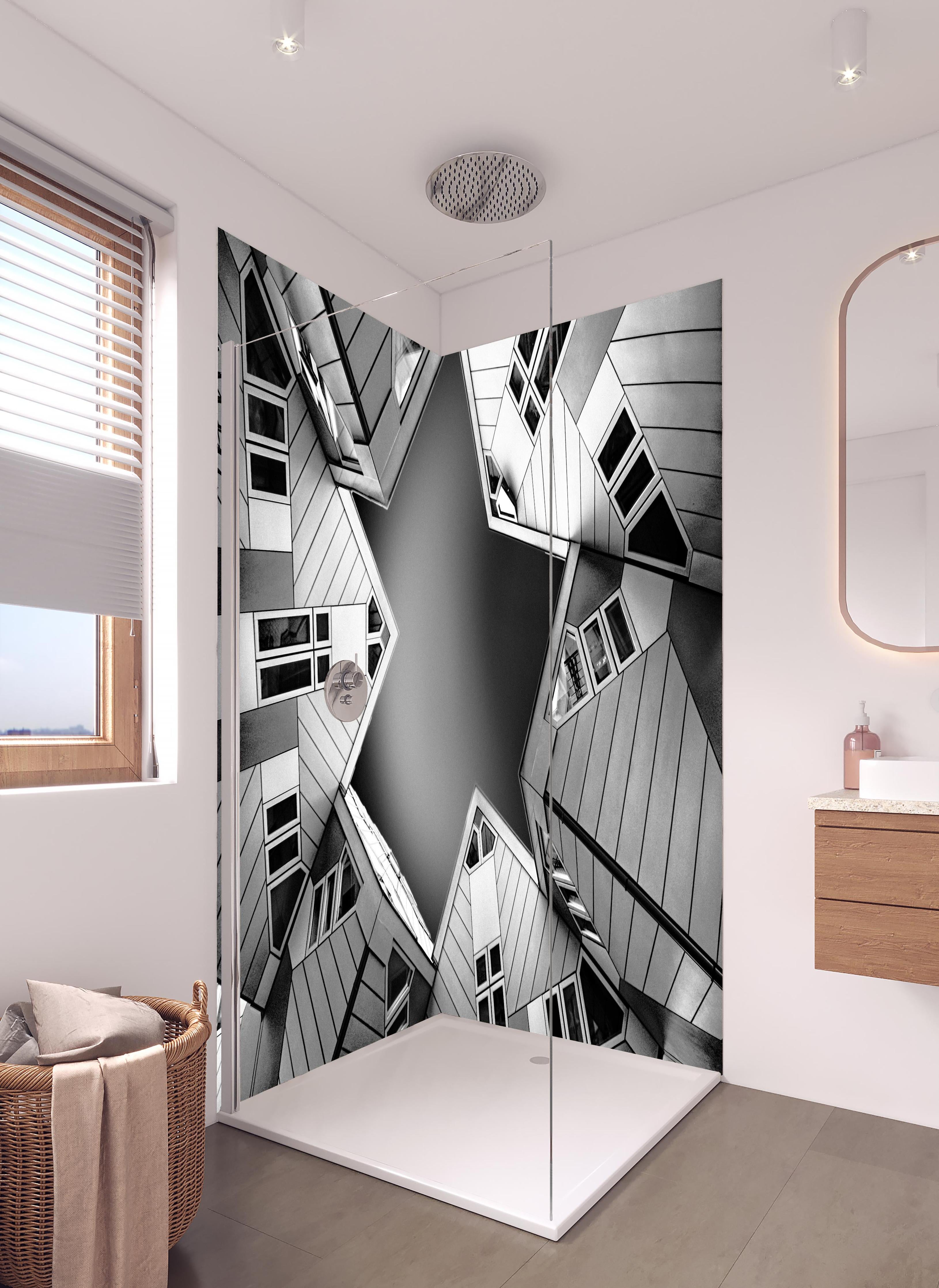 Duschrückwand - Geometrische Kubusarchitektur in Schwarz-Weiß in hellem Badezimmer mit Regenduschkopf - zweiteilige Eck-Duschrückwand