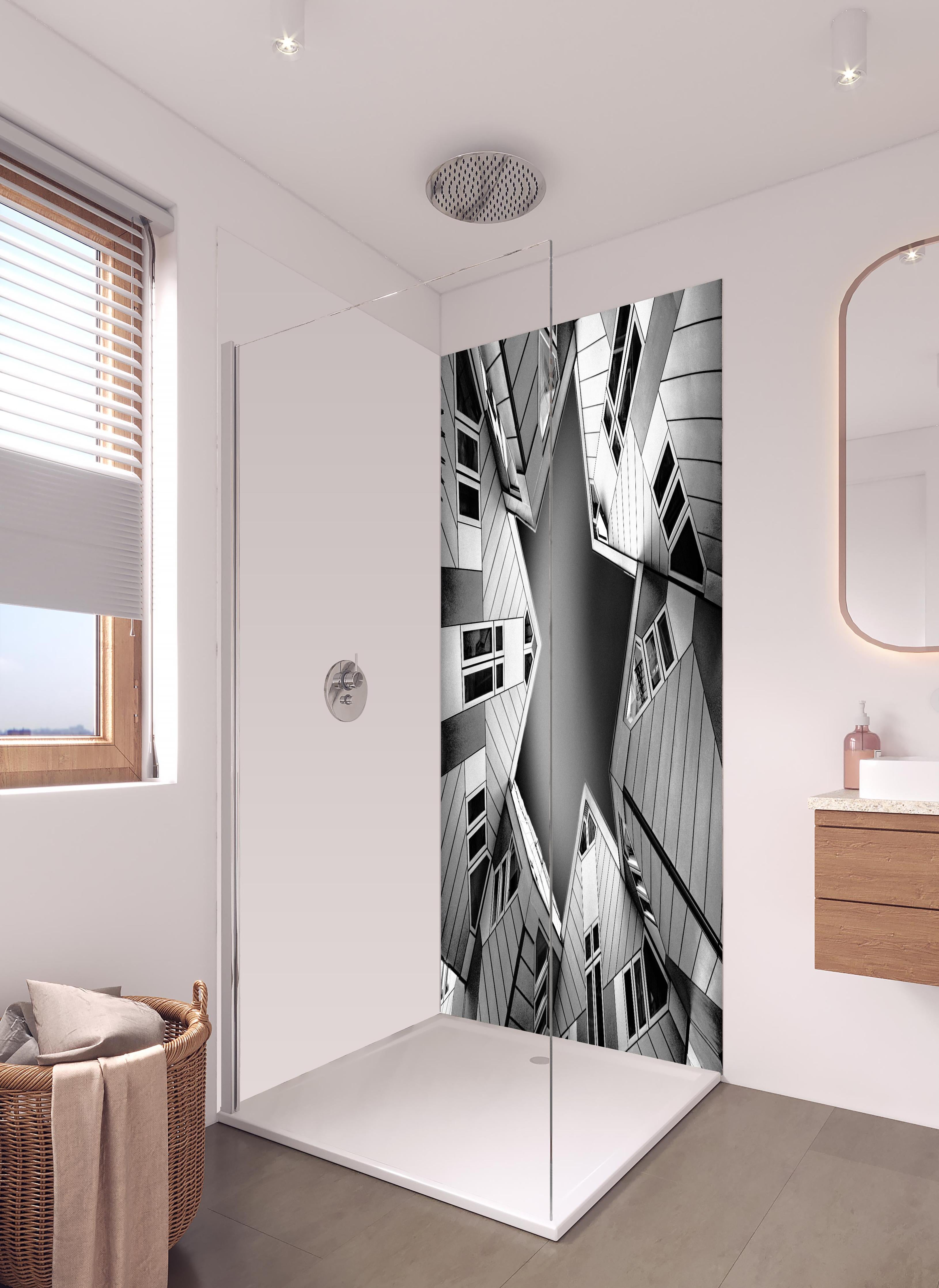 Duschrückwand - Geometrische Kubusarchitektur in Schwarz-Weiß in hellem Badezimmer mit Regenduschkopf - zweiteilige Eck-Duschrückwand