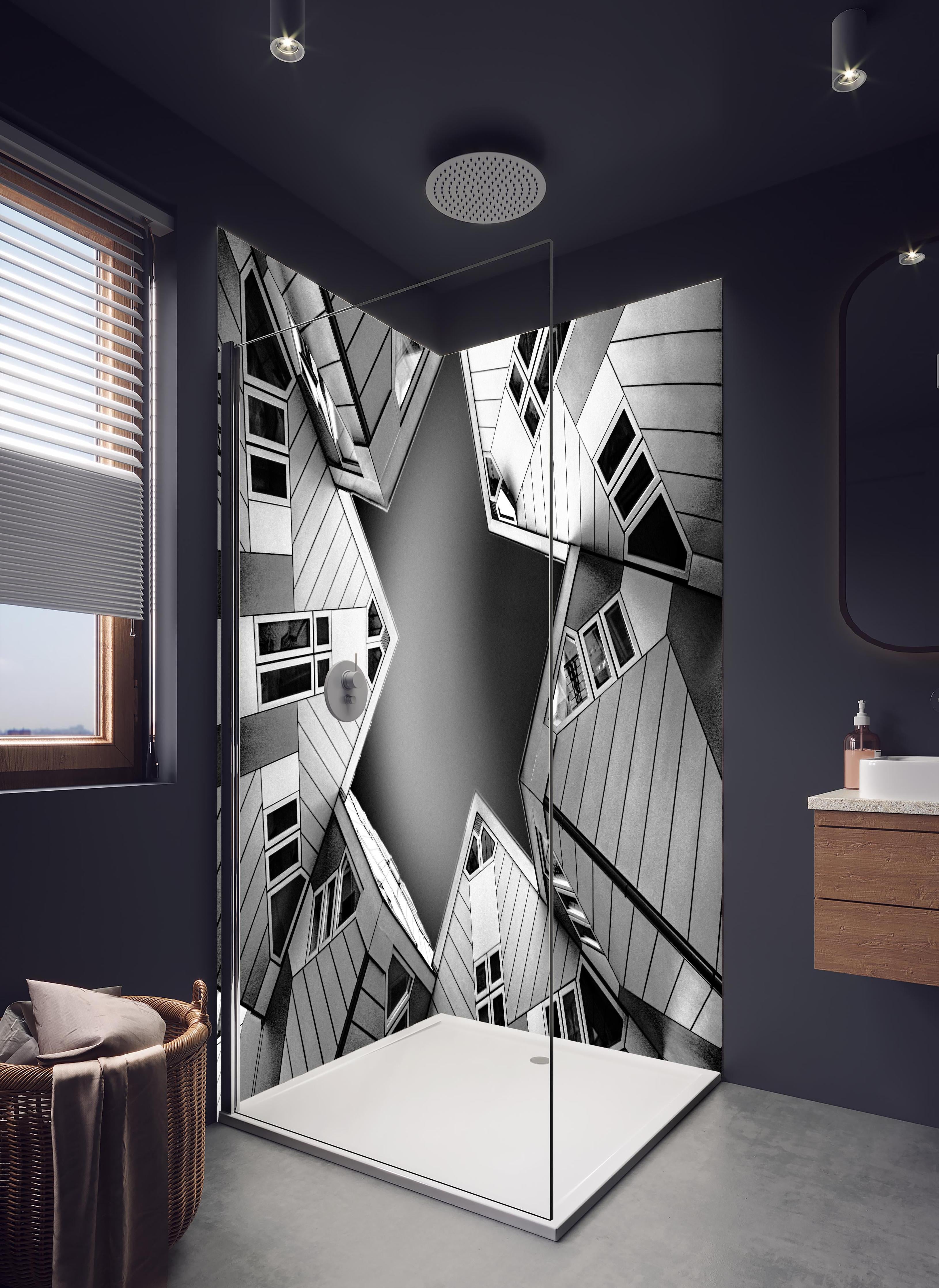 Duschrückwand - Geometrische Kubusarchitektur in Schwarz-Weiß in hellem Badezimmer mit Regenduschkopf - zweiteilige Eck-Duschrückwand