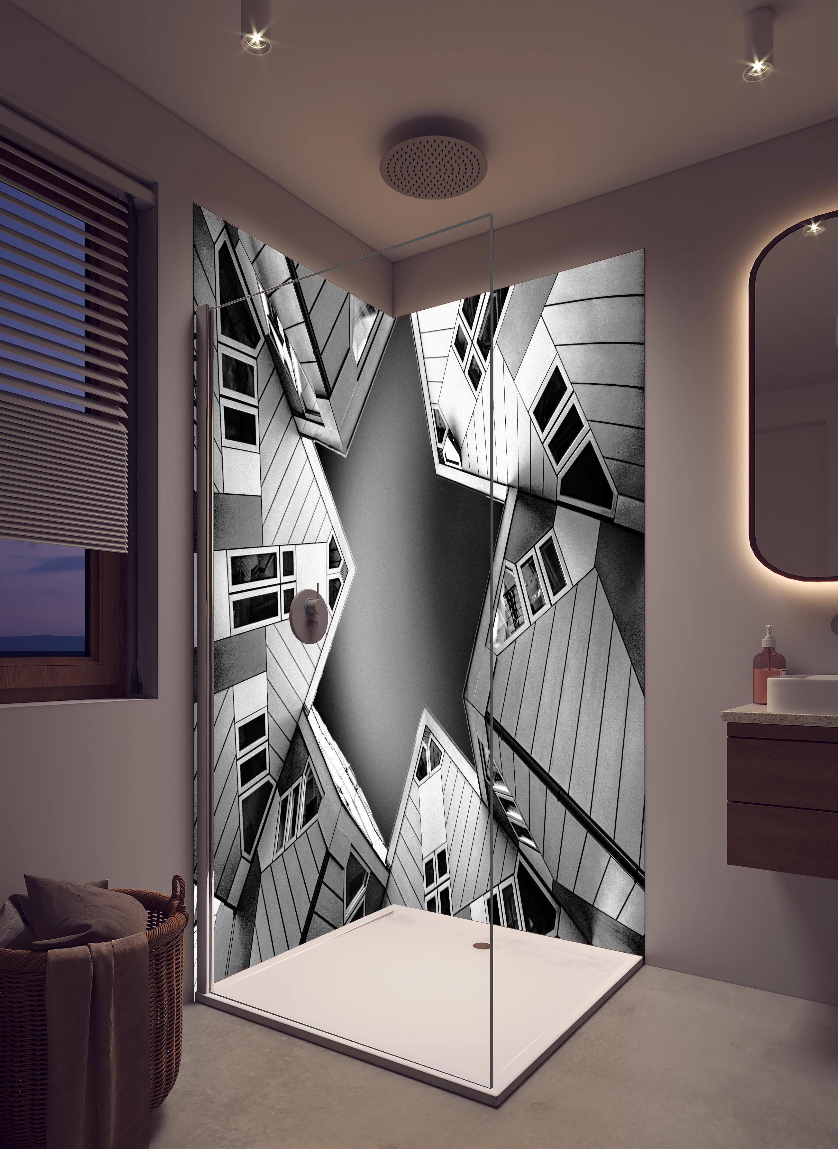 Duschrückwand - Geometrische Kubusarchitektur in Schwarz-Weiß in hellem Badezimmer mit Regenduschkopf - zweiteilige Eck-Duschrückwand