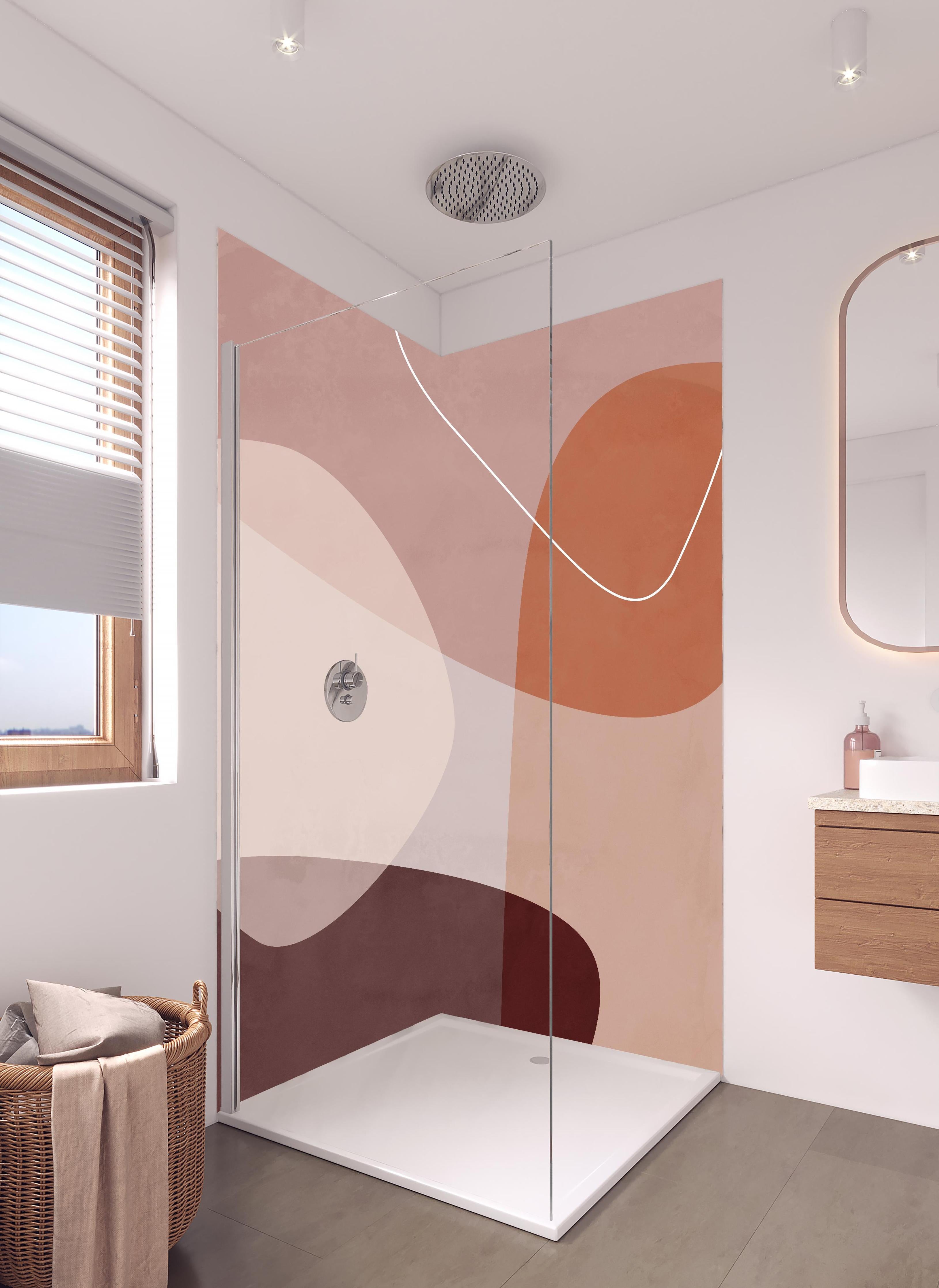 Duschrückwand - Geometrische Pastelltöne in abstrakter Form in hellem Badezimmer mit Regenduschkopf - zweiteilige Eck-Duschrückwand