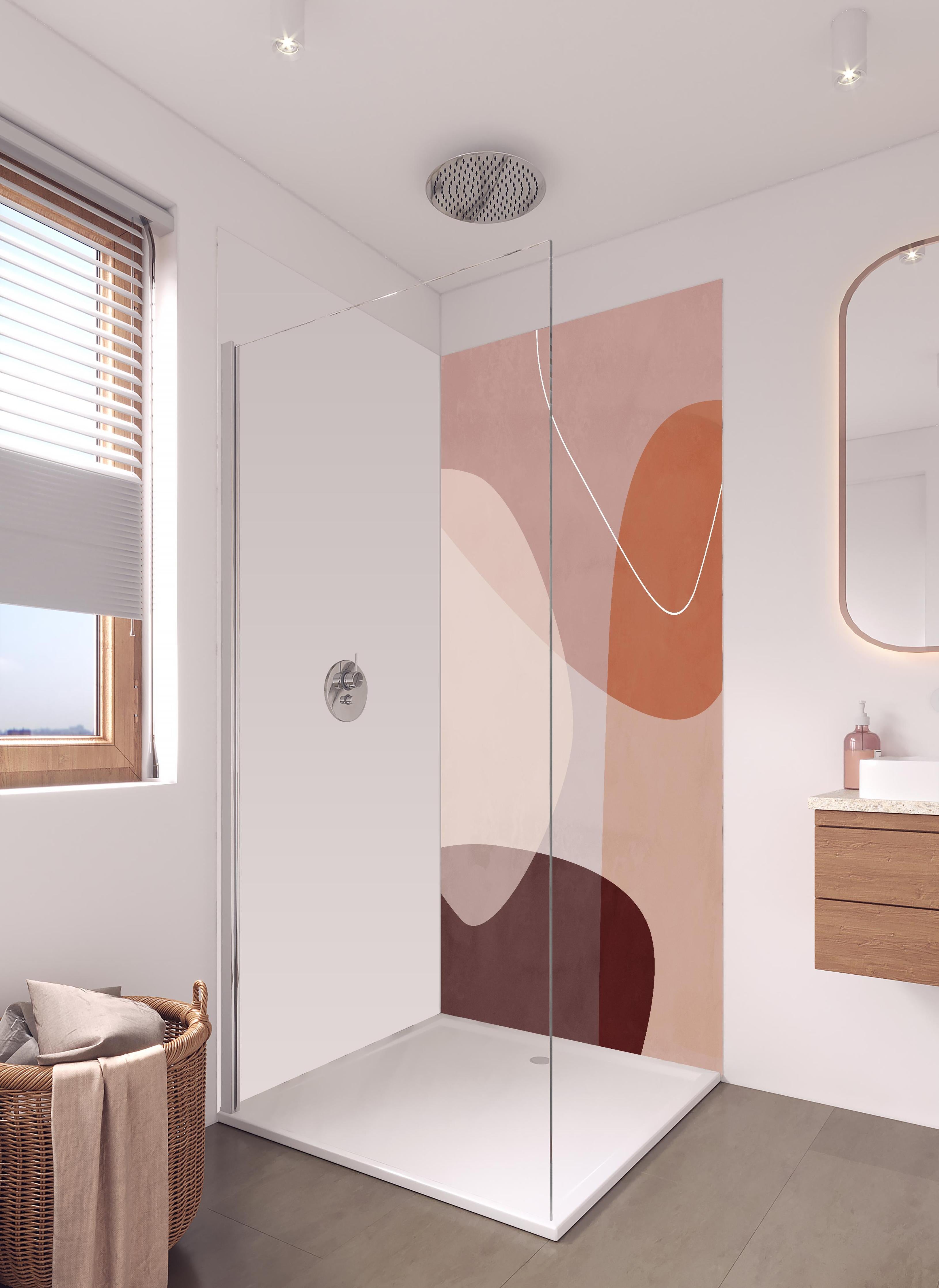 Duschrückwand - Geometrische Pastelltöne in abstrakter Form in hellem Badezimmer mit Regenduschkopf - zweiteilige Eck-Duschrückwand
