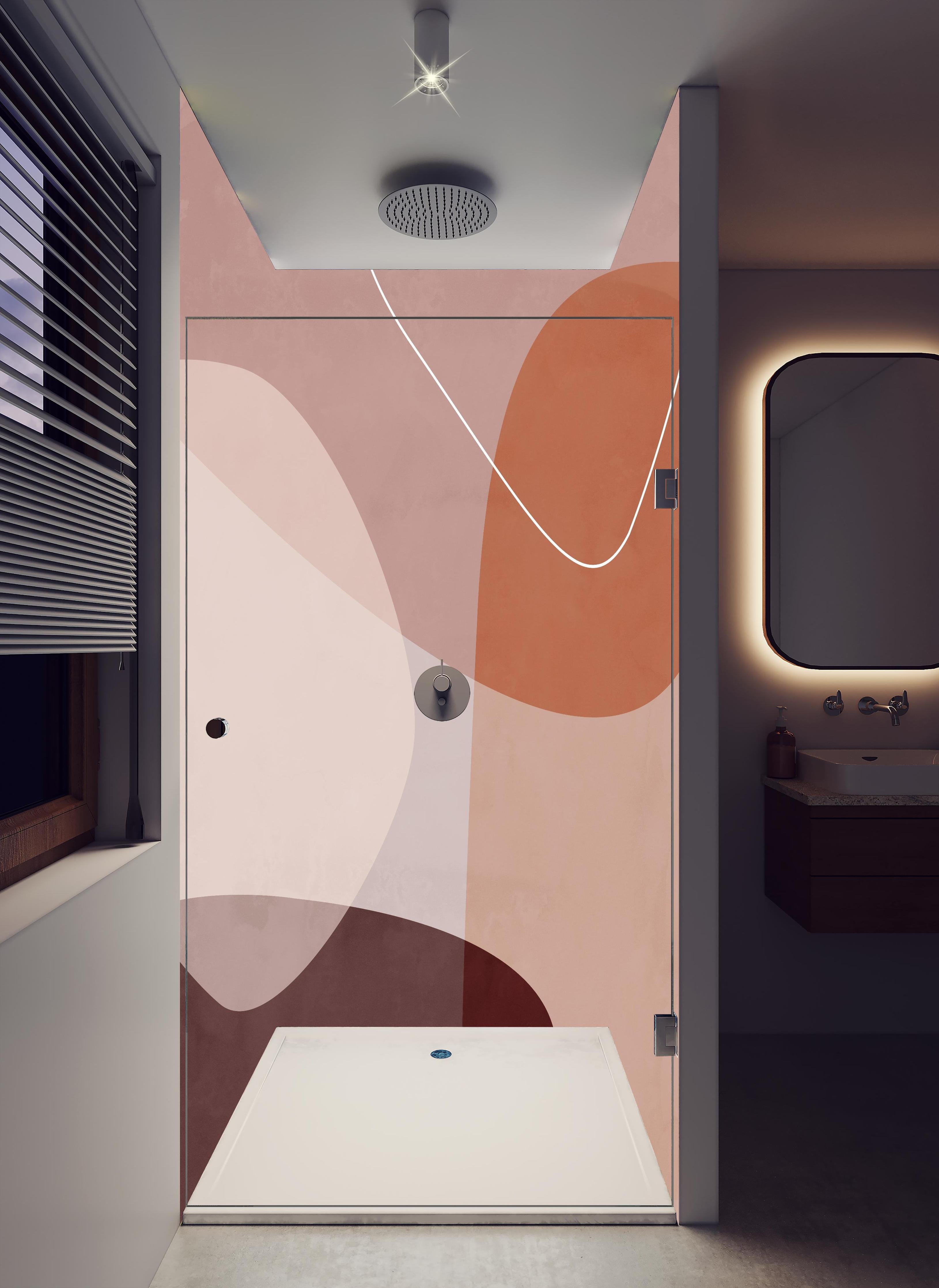 Duschrückwand - Geometrische Pastelltöne in abstrakter Form in hellem Badezimmer mit Regenduschkopf - zweiteilige Eck-Duschrückwand