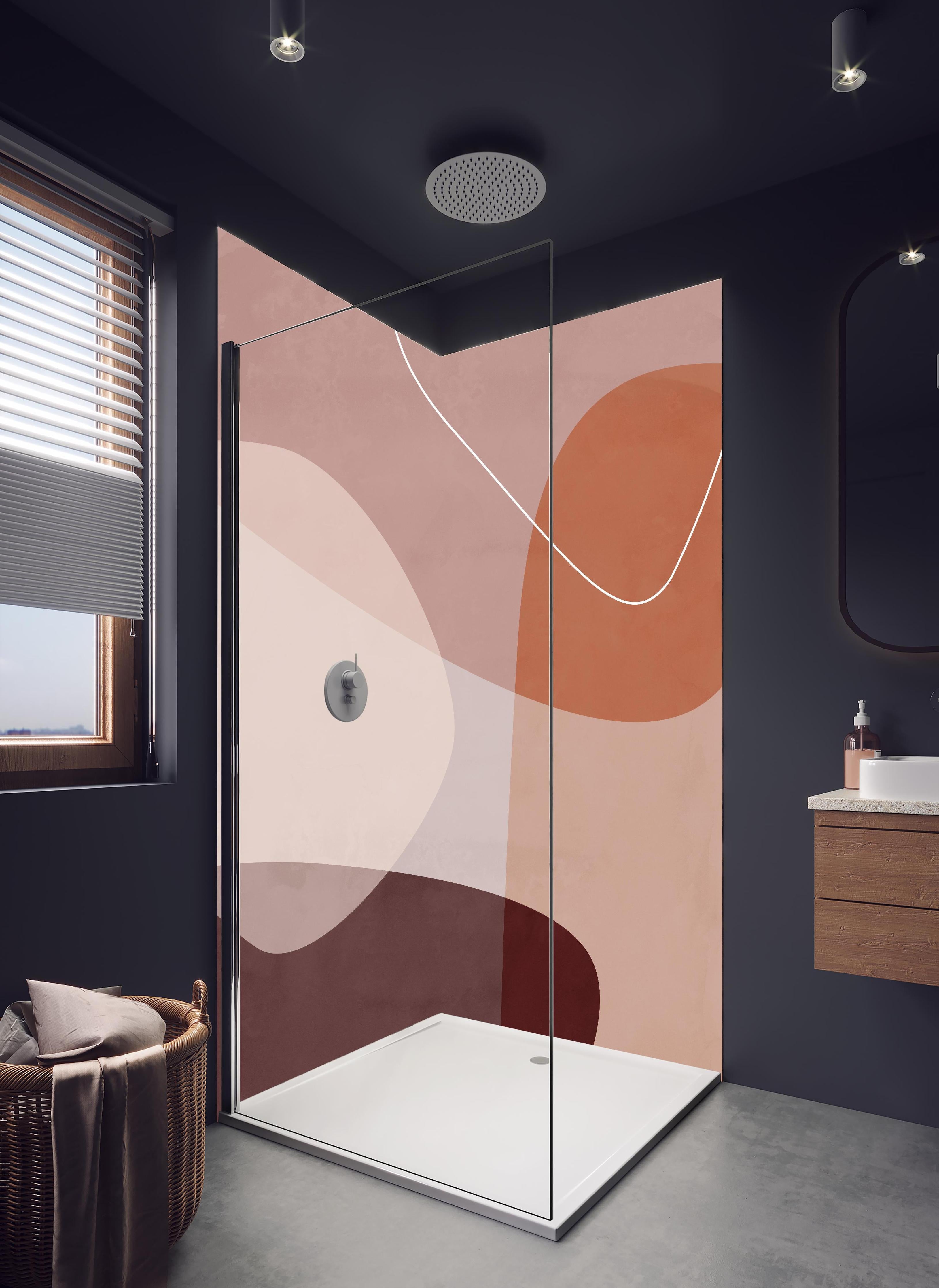 Duschrückwand - Geometrische Pastelltöne in abstrakter Form in hellem Badezimmer mit Regenduschkopf - zweiteilige Eck-Duschrückwand