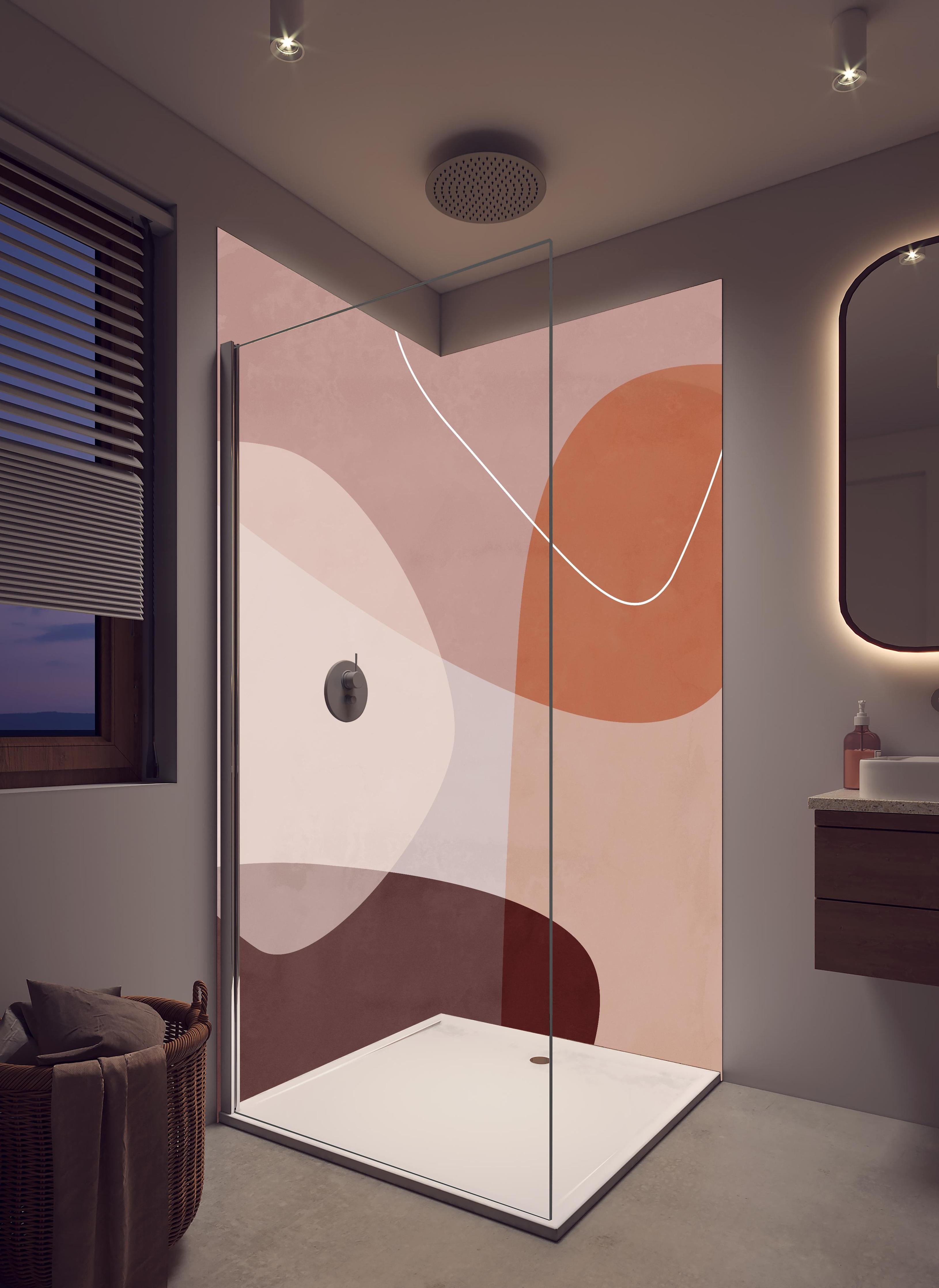 Duschrückwand - Geometrische Pastelltöne in abstrakter Form in hellem Badezimmer mit Regenduschkopf - zweiteilige Eck-Duschrückwand