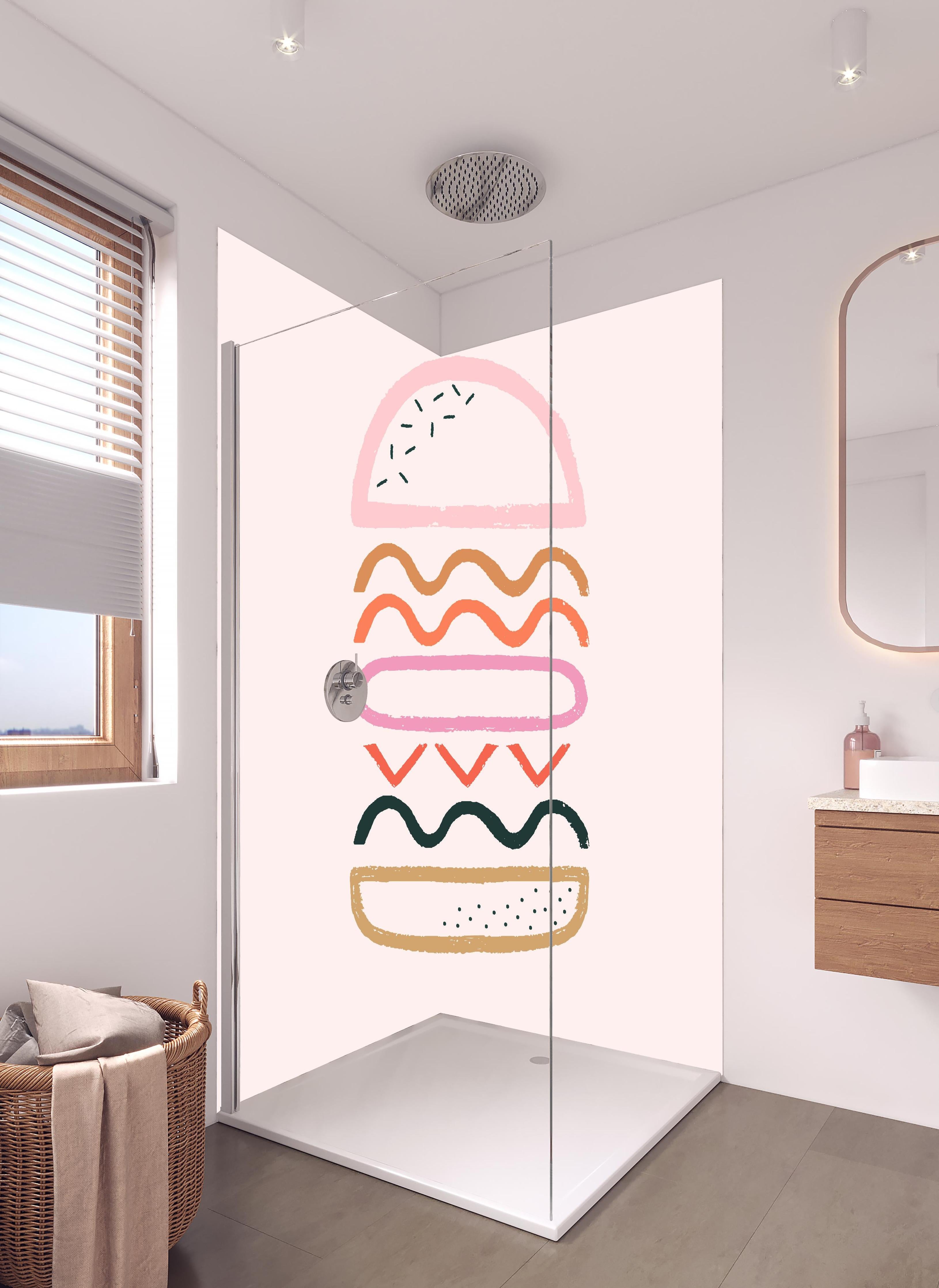 Duschrückwand - Geometrischer Hamburger in Pastellfarben Illustration in hellem Badezimmer mit Regenduschkopf - zweiteilige Eck-Duschrückwand