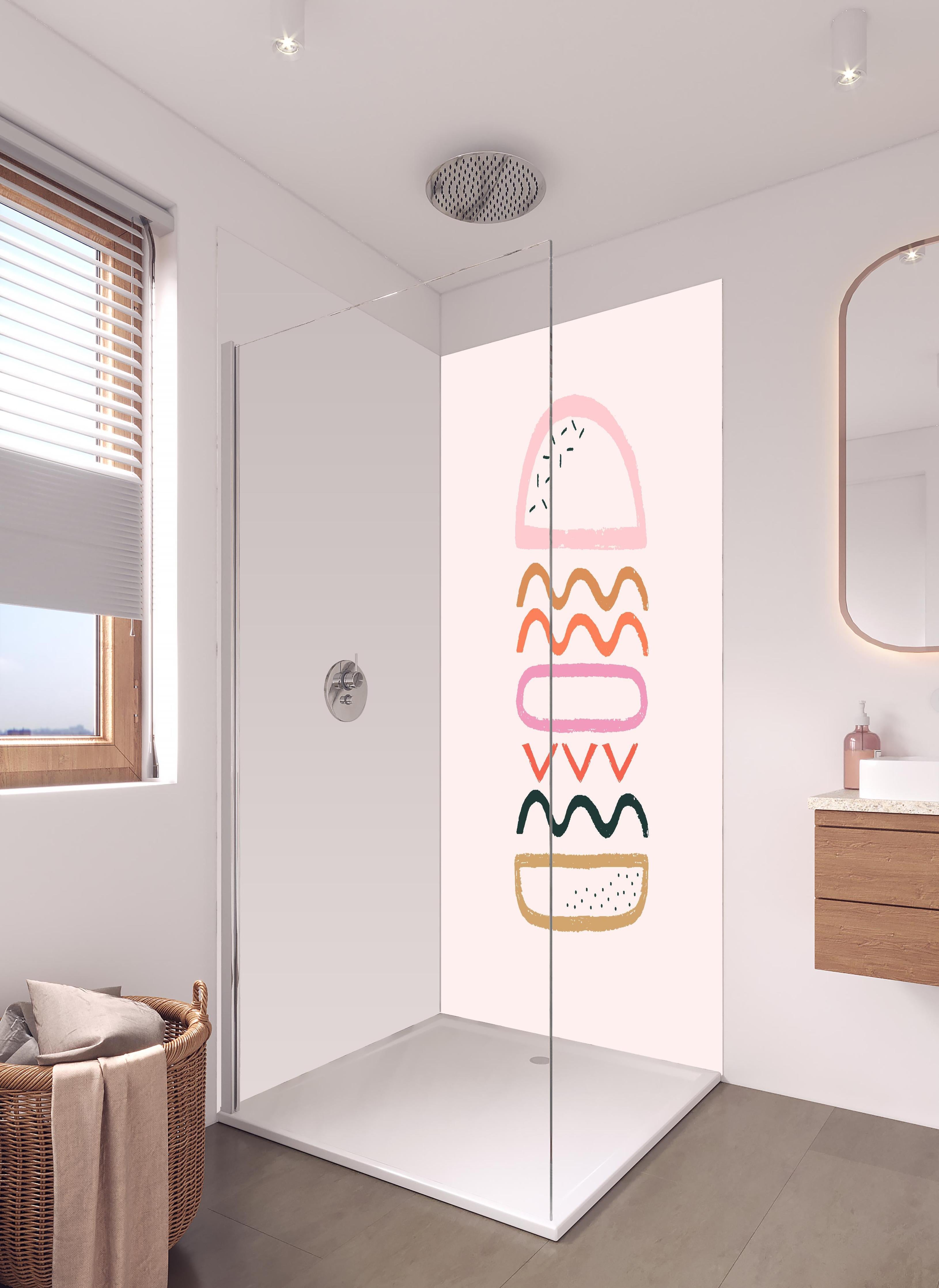 Duschrückwand - Geometrischer Hamburger in Pastellfarben Illustration in hellem Badezimmer mit Regenduschkopf - zweiteilige Eck-Duschrückwand