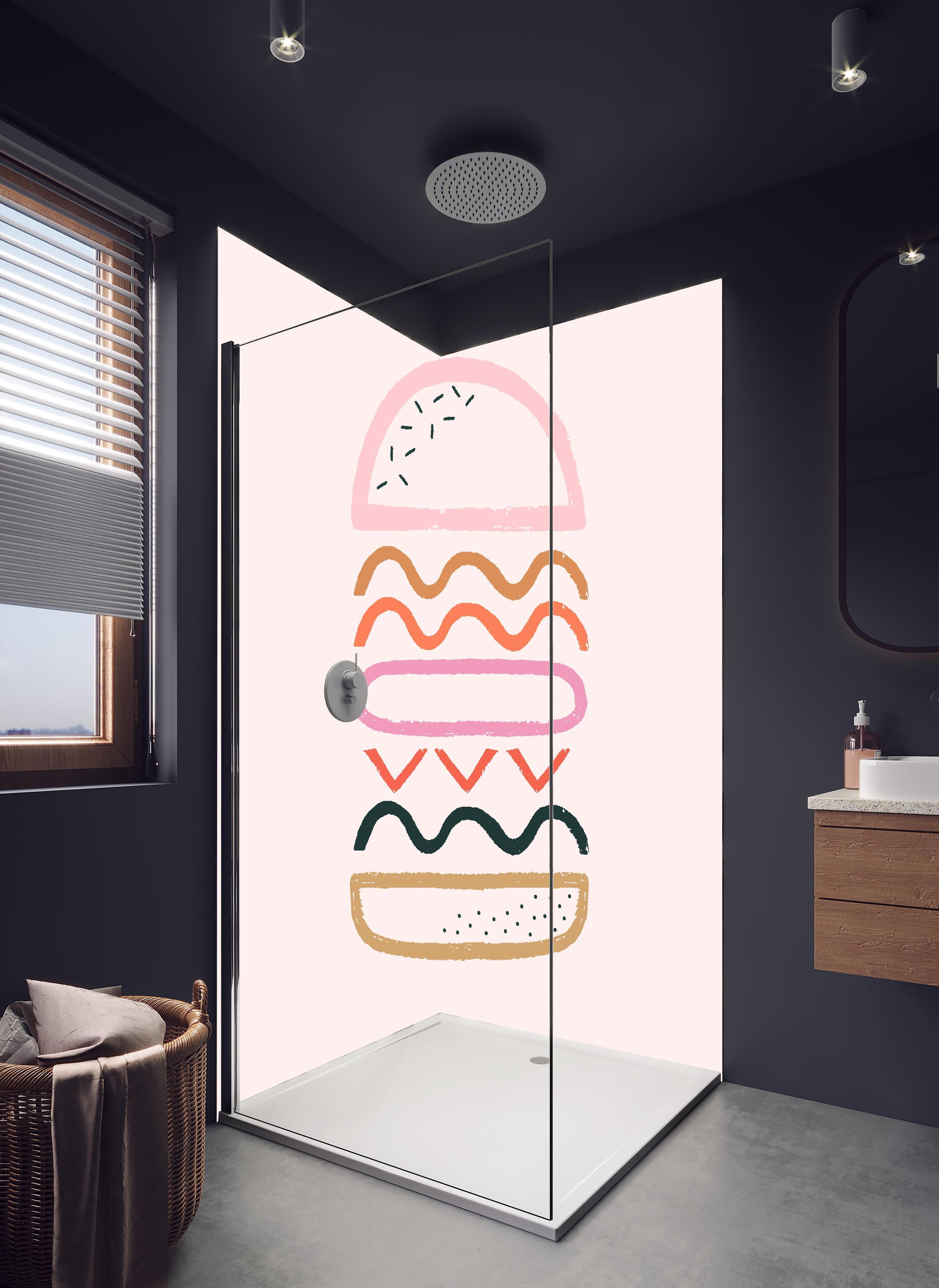 Duschrückwand - Geometrischer Hamburger in Pastellfarben Illustration in hellem Badezimmer mit Regenduschkopf - zweiteilige Eck-Duschrückwand