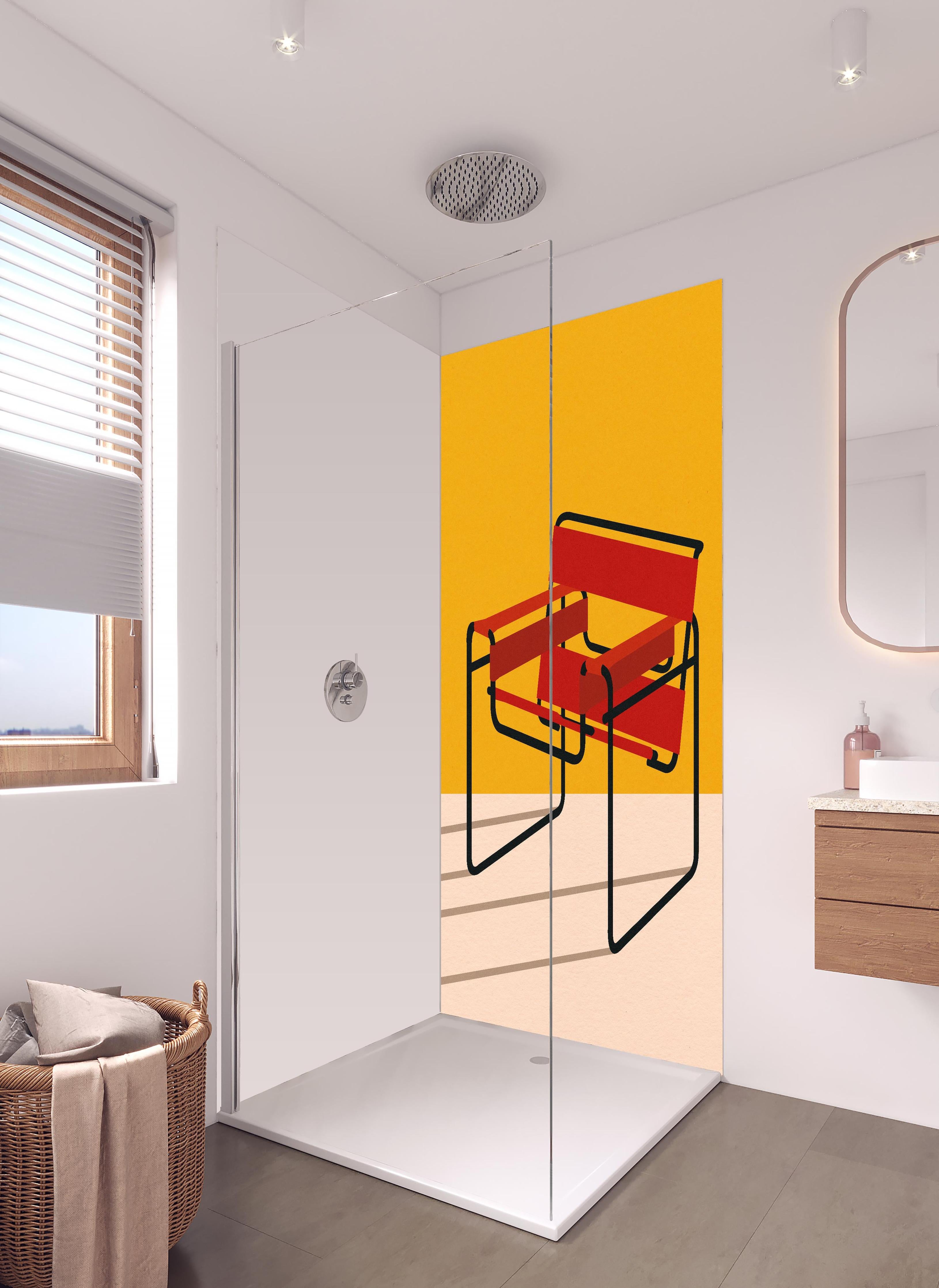 Duschrückwand - Geometrischer Wassily Chair im Bauhaus Design in hellem Badezimmer mit Regenduschkopf - zweiteilige Eck-Duschrückwand