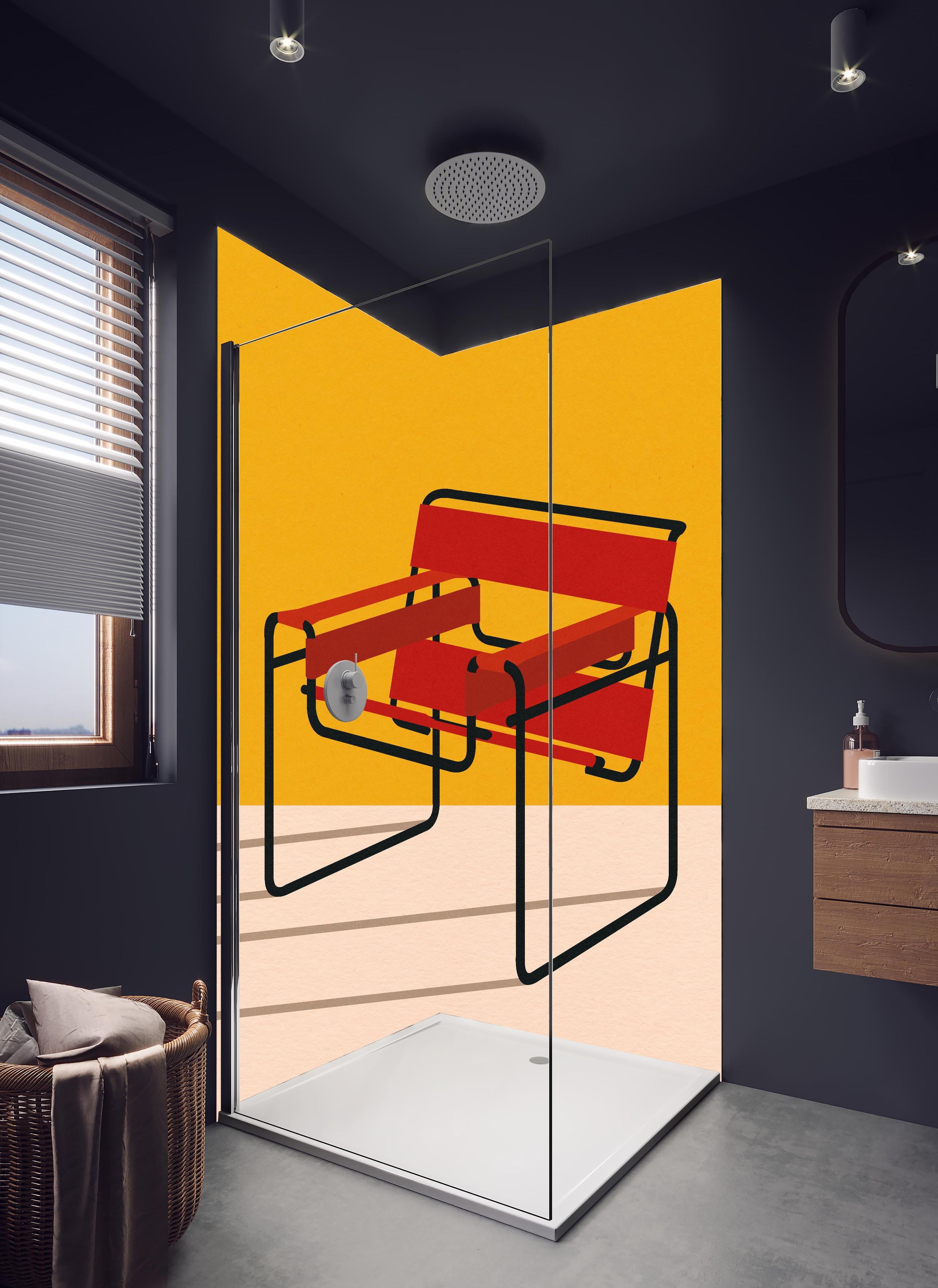 Duschrückwand - Geometrischer Wassily Chair im Bauhaus Design in hellem Badezimmer mit Regenduschkopf - zweiteilige Eck-Duschrückwand