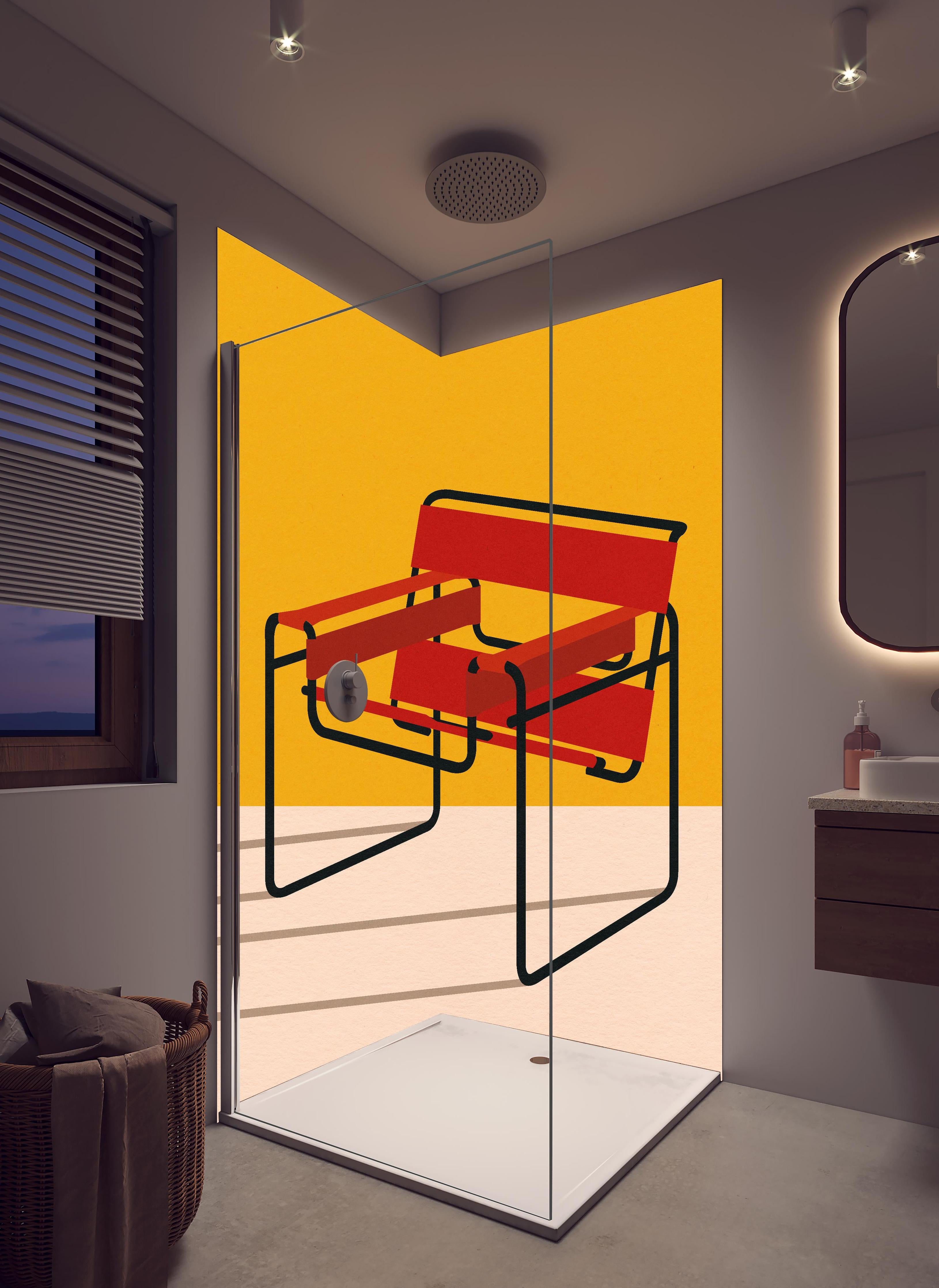 Duschrückwand - Geometrischer Wassily Chair im Bauhaus Design in hellem Badezimmer mit Regenduschkopf - zweiteilige Eck-Duschrückwand