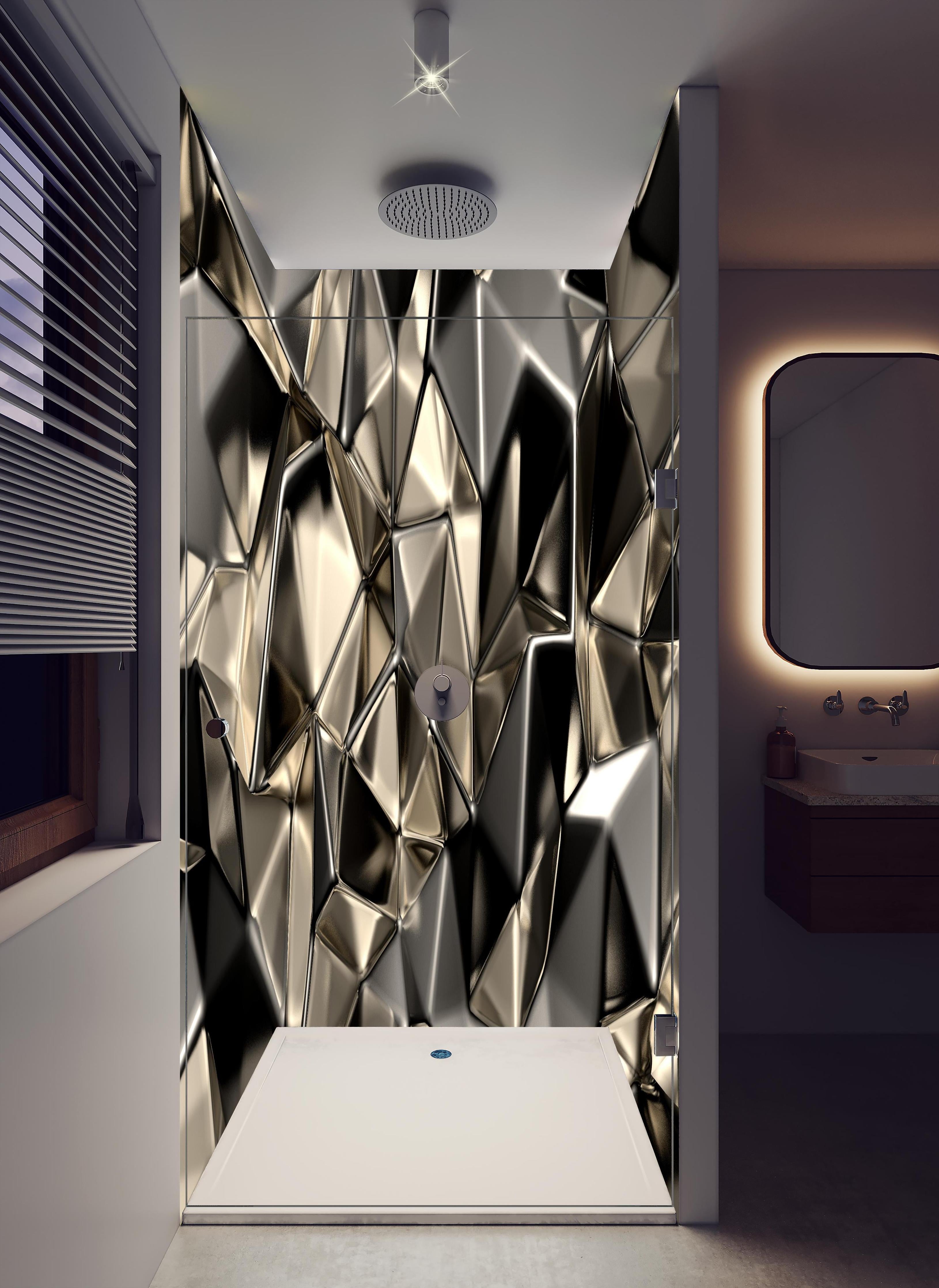 Duschrückwand - Geometrisches Dreiecksmuster in Metall-Optik in hellem Badezimmer mit Regenduschkopf - zweiteilige Eck-Duschrückwand