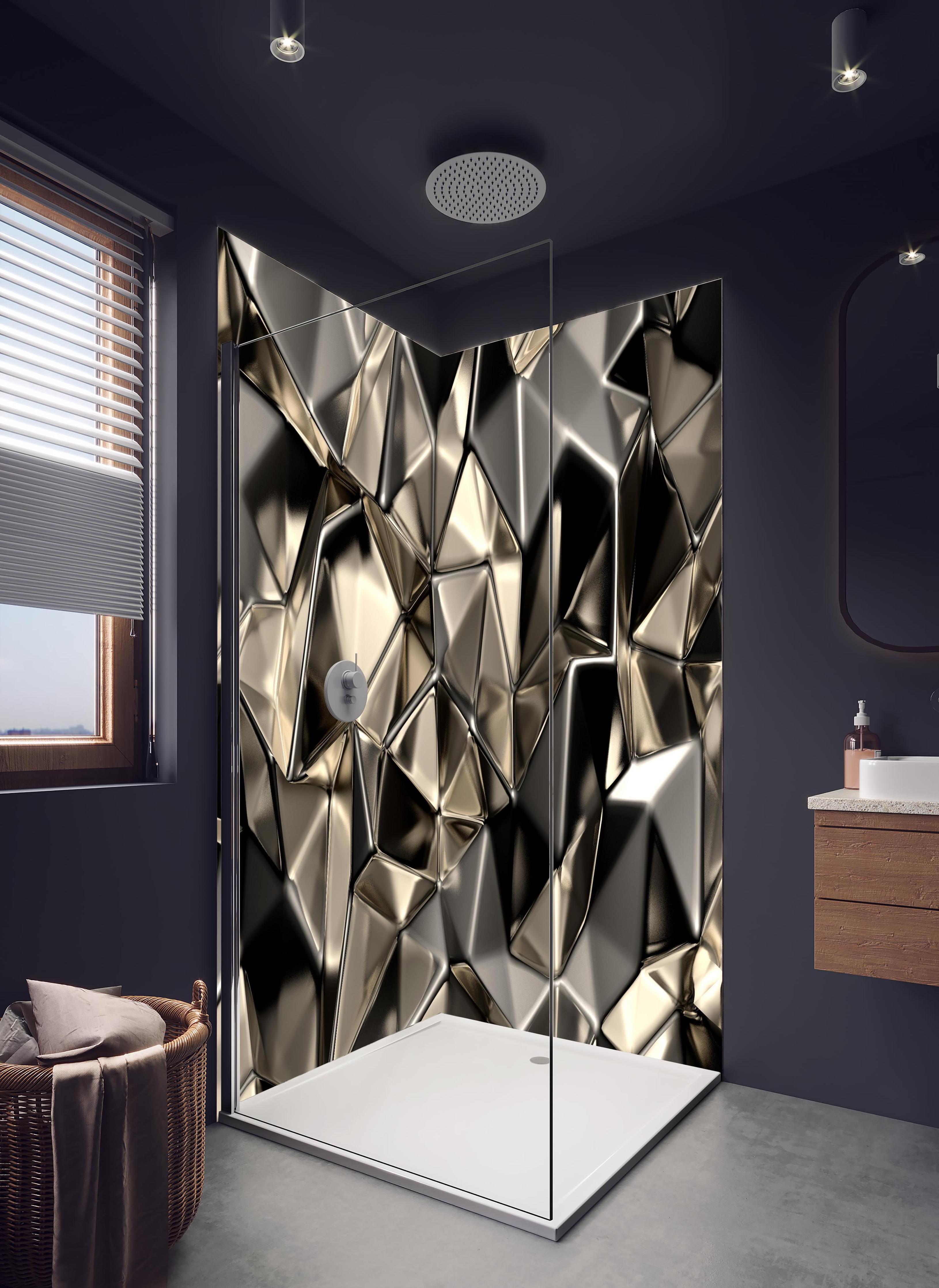Duschrückwand - Geometrisches Dreiecksmuster in Metall-Optik in hellem Badezimmer mit Regenduschkopf - zweiteilige Eck-Duschrückwand