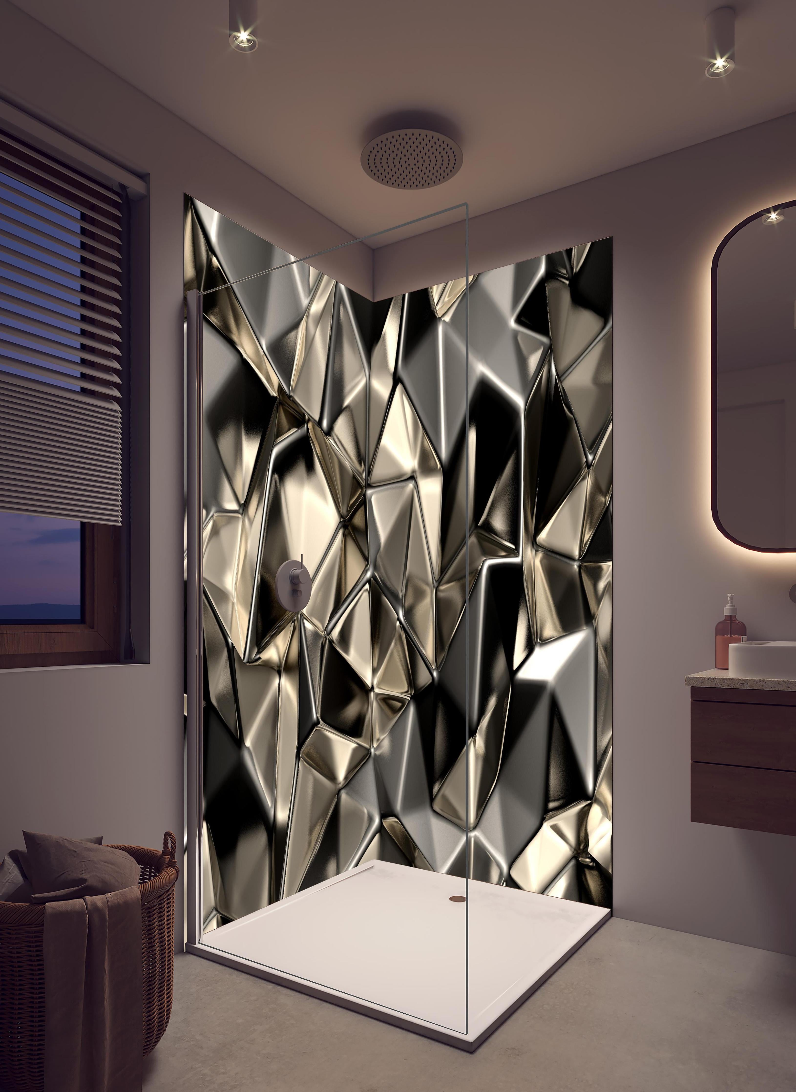 Duschrückwand - Geometrisches Dreiecksmuster in Metall-Optik in hellem Badezimmer mit Regenduschkopf - zweiteilige Eck-Duschrückwand