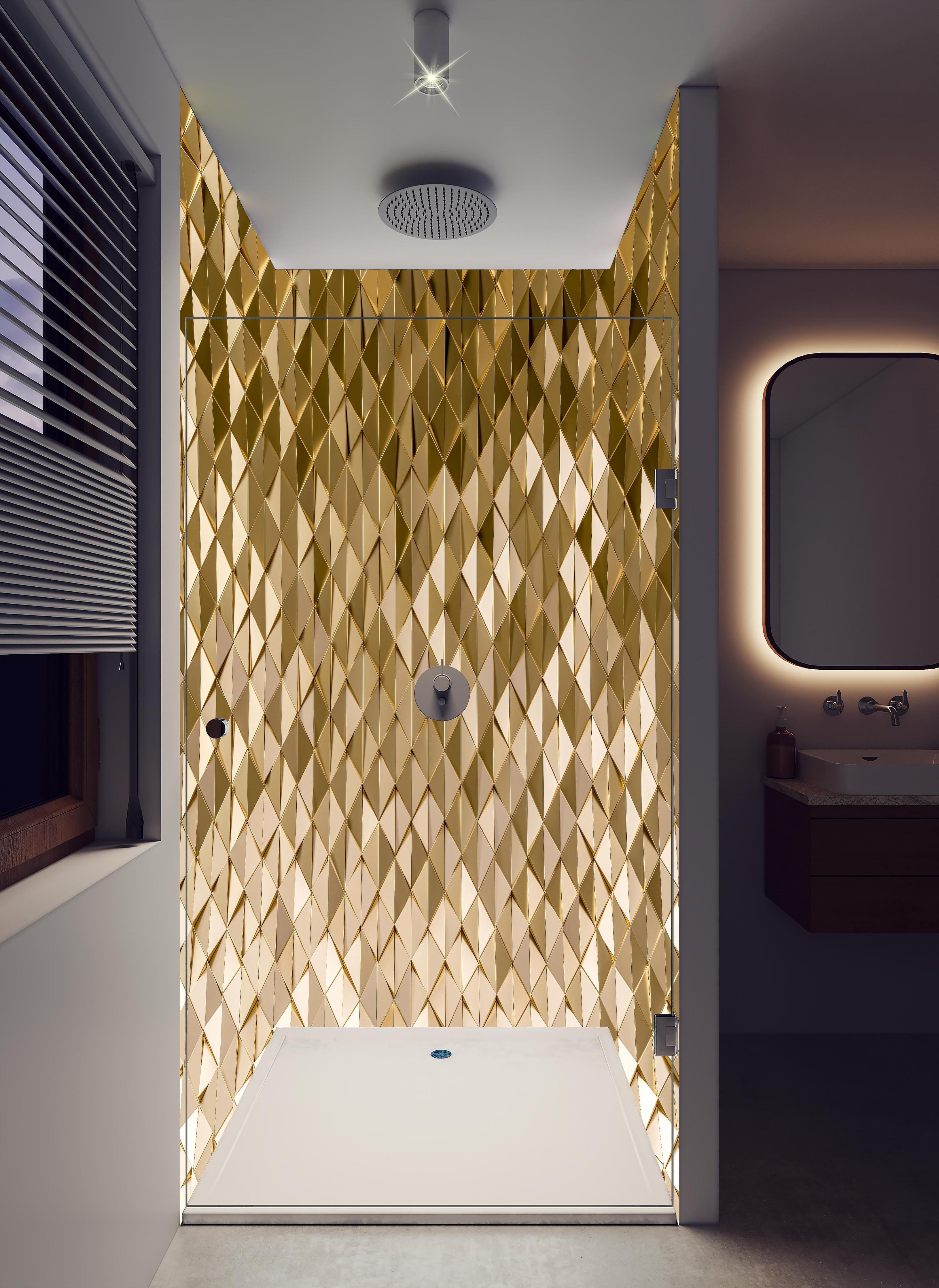 Duschrückwand - Geometrisches Gold-Dreieck-Kurvenmuster in hellem Badezimmer mit Regenduschkopf - zweiteilige Eck-Duschrückwand