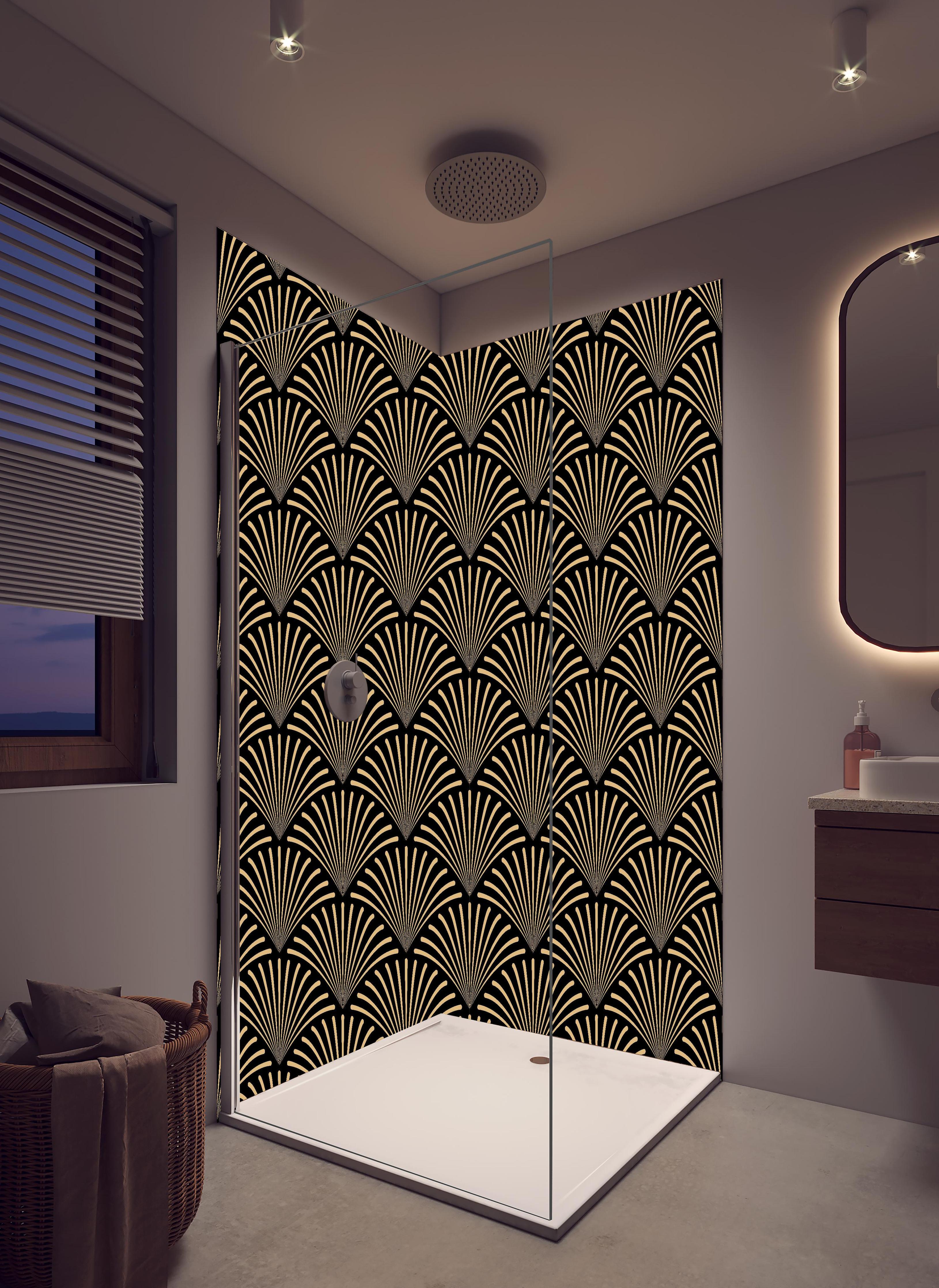 Duschrückwand - Geometrisches Gold-Schwarzes Art Déco Design in hellem Badezimmer mit Regenduschkopf - zweiteilige Eck-Duschrückwand