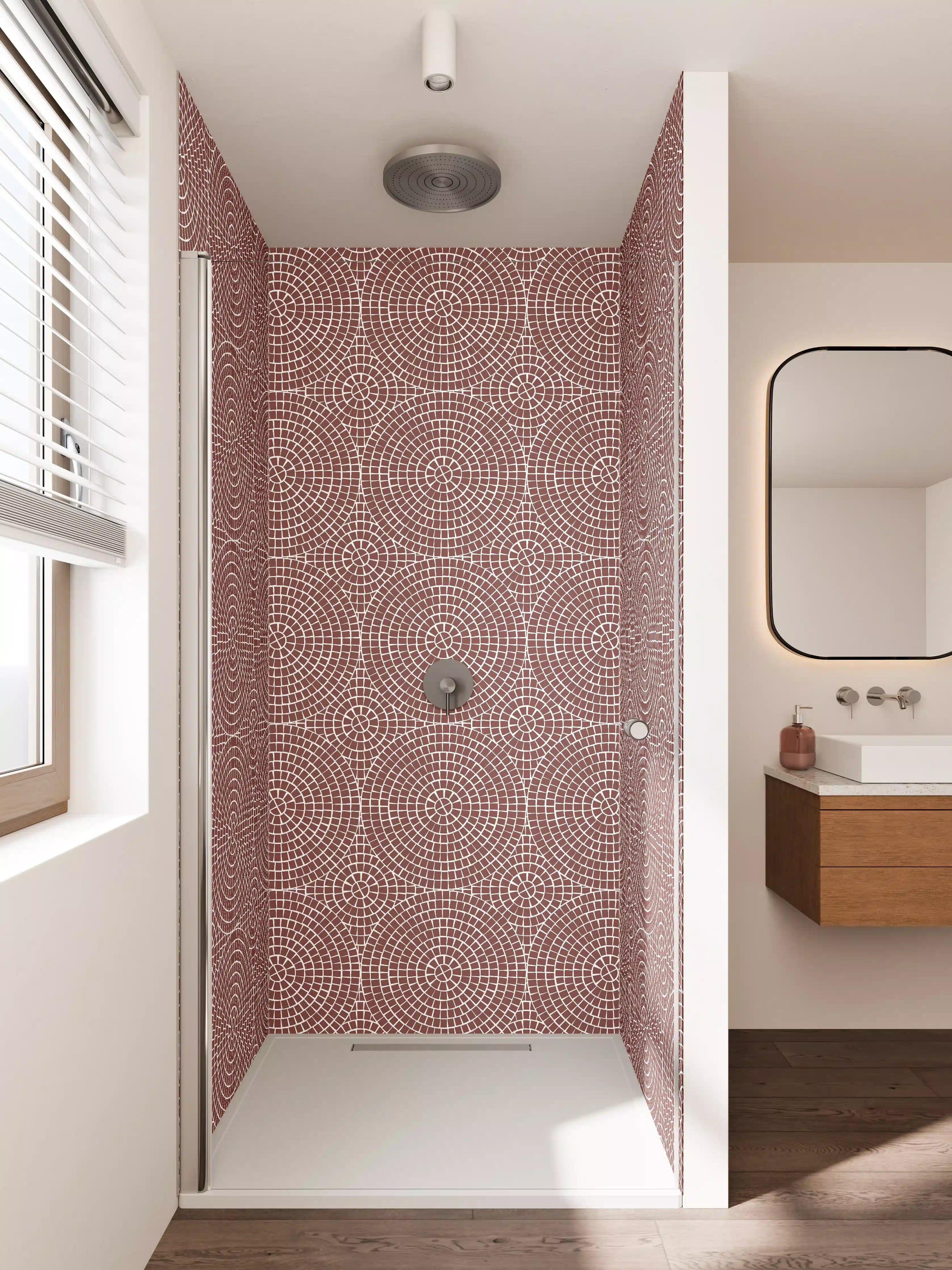 Duschrückwand - Geometrisches Muster in Rot und Weiß