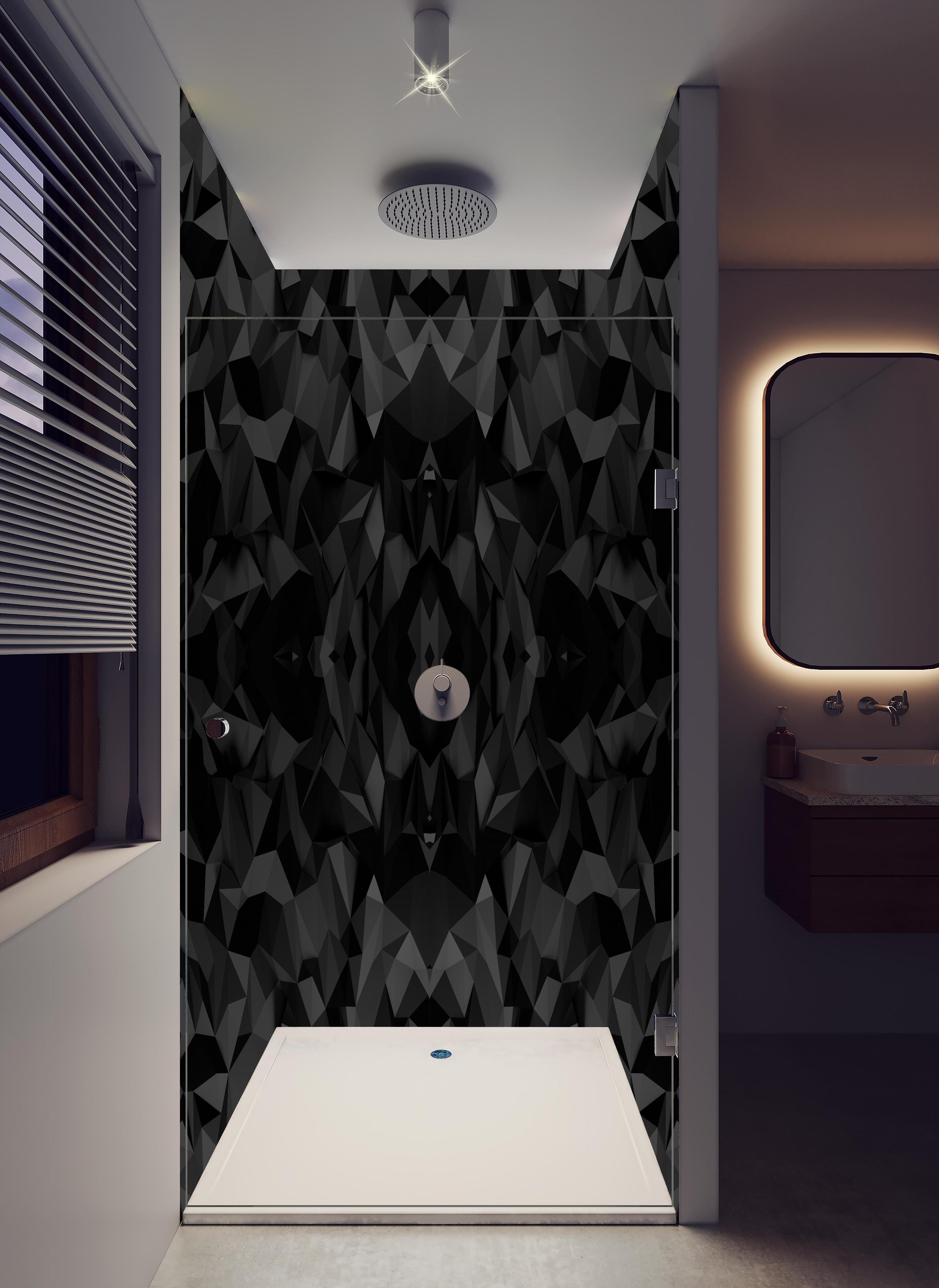 Duschrückwand - Geometrisches Muster in Schwarz und Weiß in hellem Badezimmer mit Regenduschkopf - zweiteilige Eck-Duschrückwand