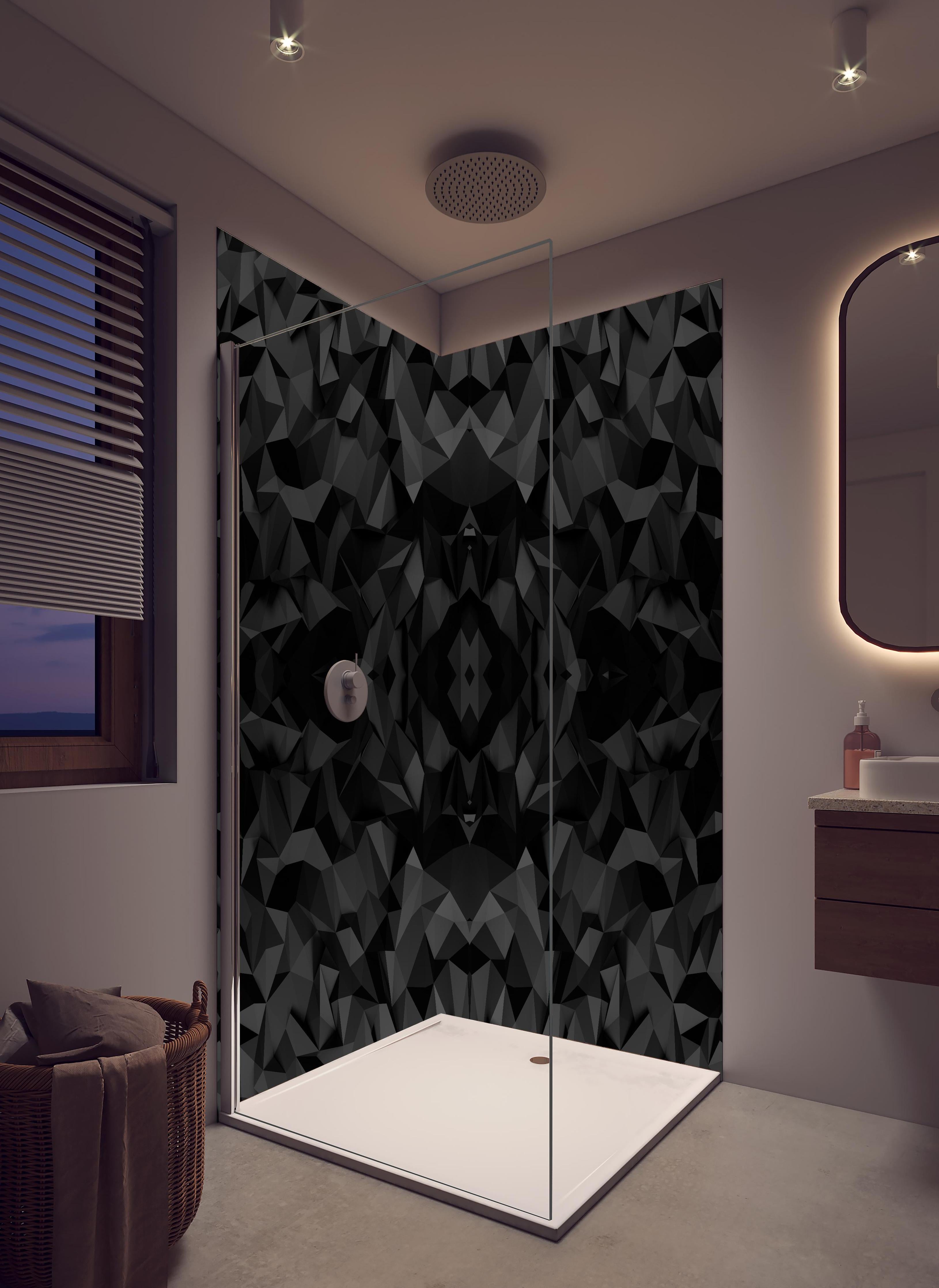 Duschrückwand - Geometrisches Muster in Schwarz und Weiß in hellem Badezimmer mit Regenduschkopf - zweiteilige Eck-Duschrückwand