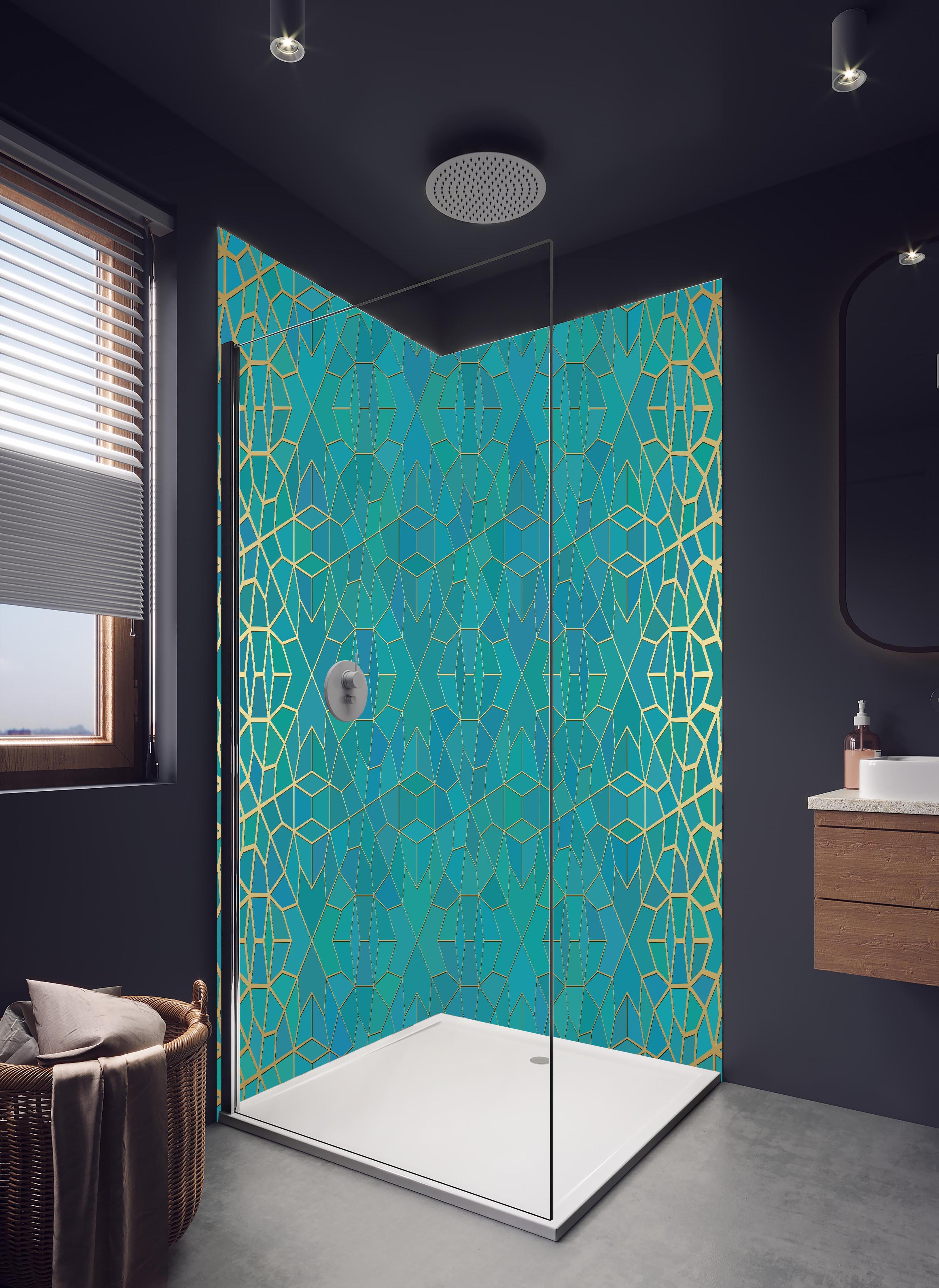 Duschrückwand - Geometrisches Muster mit Blauverlauf in hellem Badezimmer mit Regenduschkopf - zweiteilige Eck-Duschrückwand