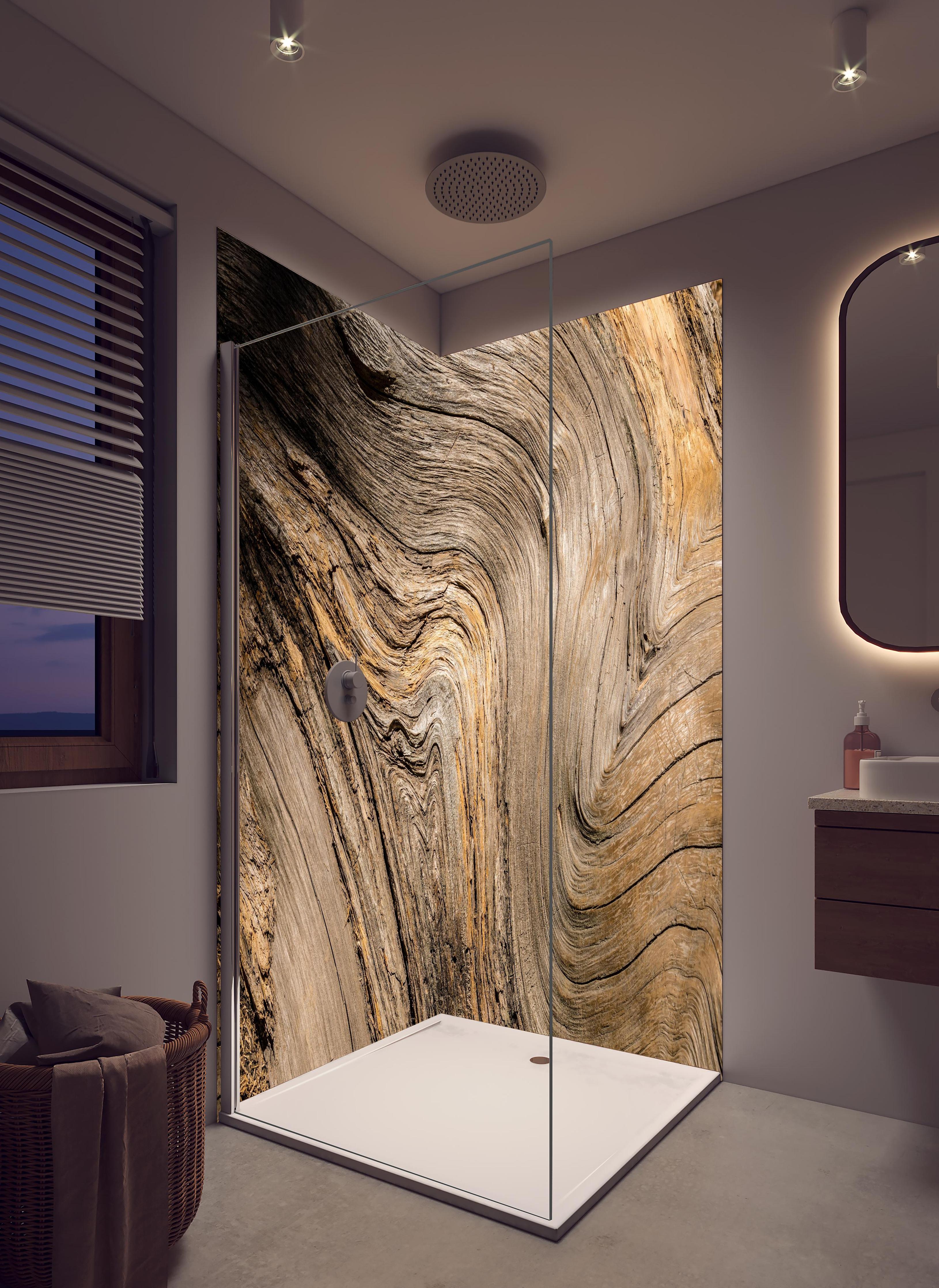 Duschrückwand - Geschwungenes Naturholz in hellem Badezimmer mit Regenduschkopf - zweiteilige Eck-Duschrückwand