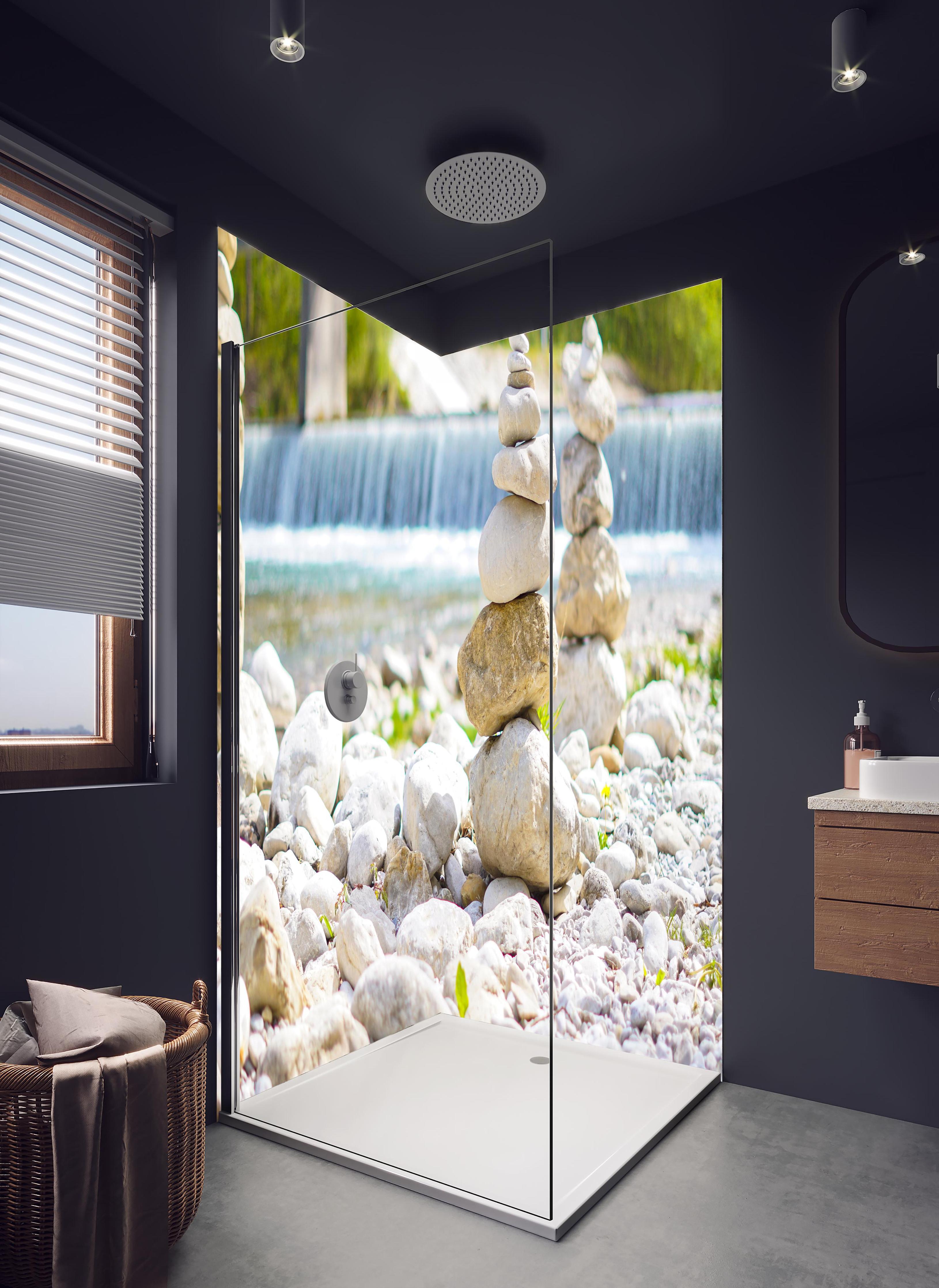 Duschrückwand - Gestapelte Steine am Fluss in Weiß-Grau in hellem Badezimmer mit Regenduschkopf - zweiteilige Eck-Duschrückwand