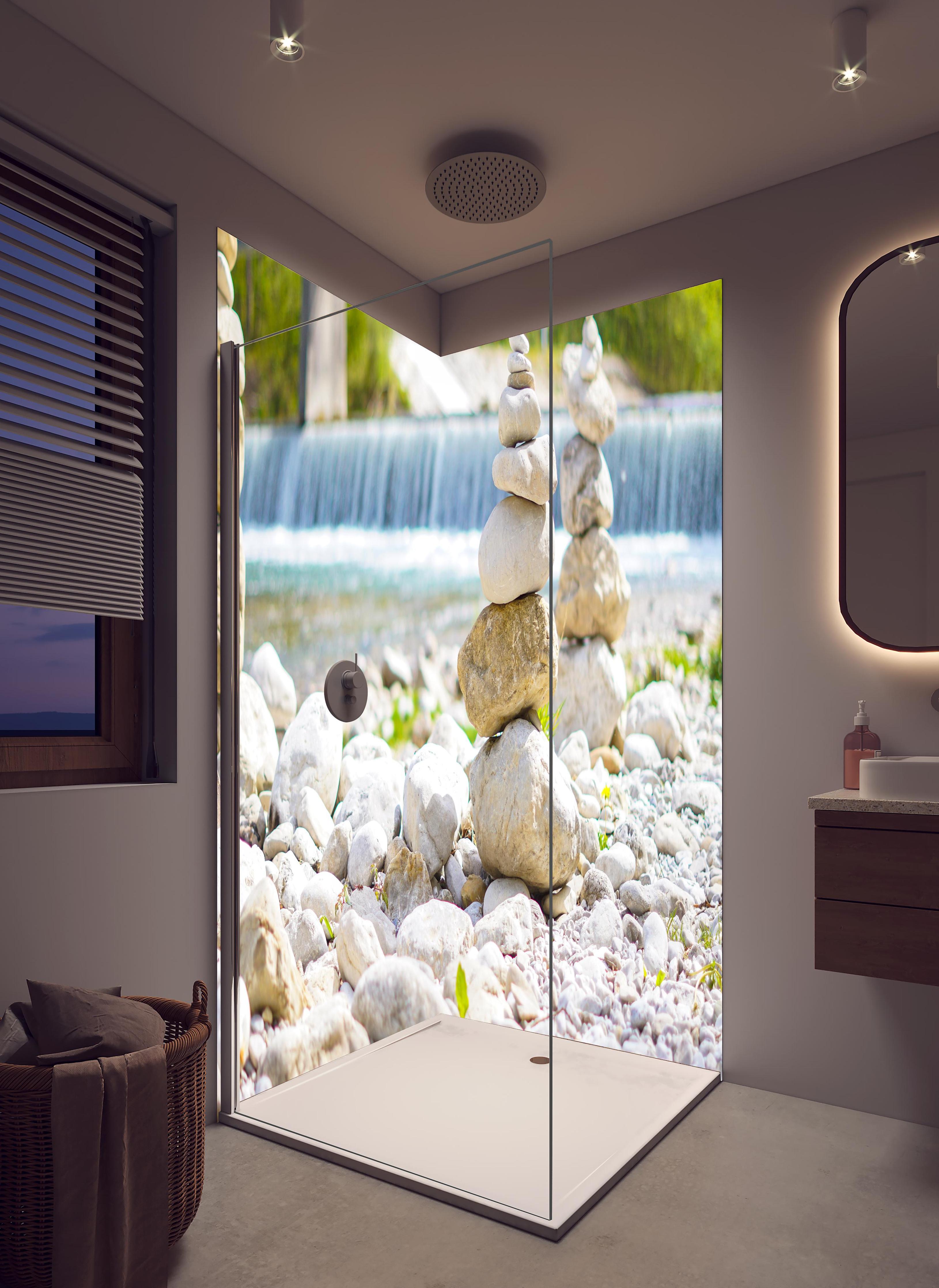 Duschrückwand - Gestapelte Steine am Fluss in Weiß-Grau in hellem Badezimmer mit Regenduschkopf - zweiteilige Eck-Duschrückwand