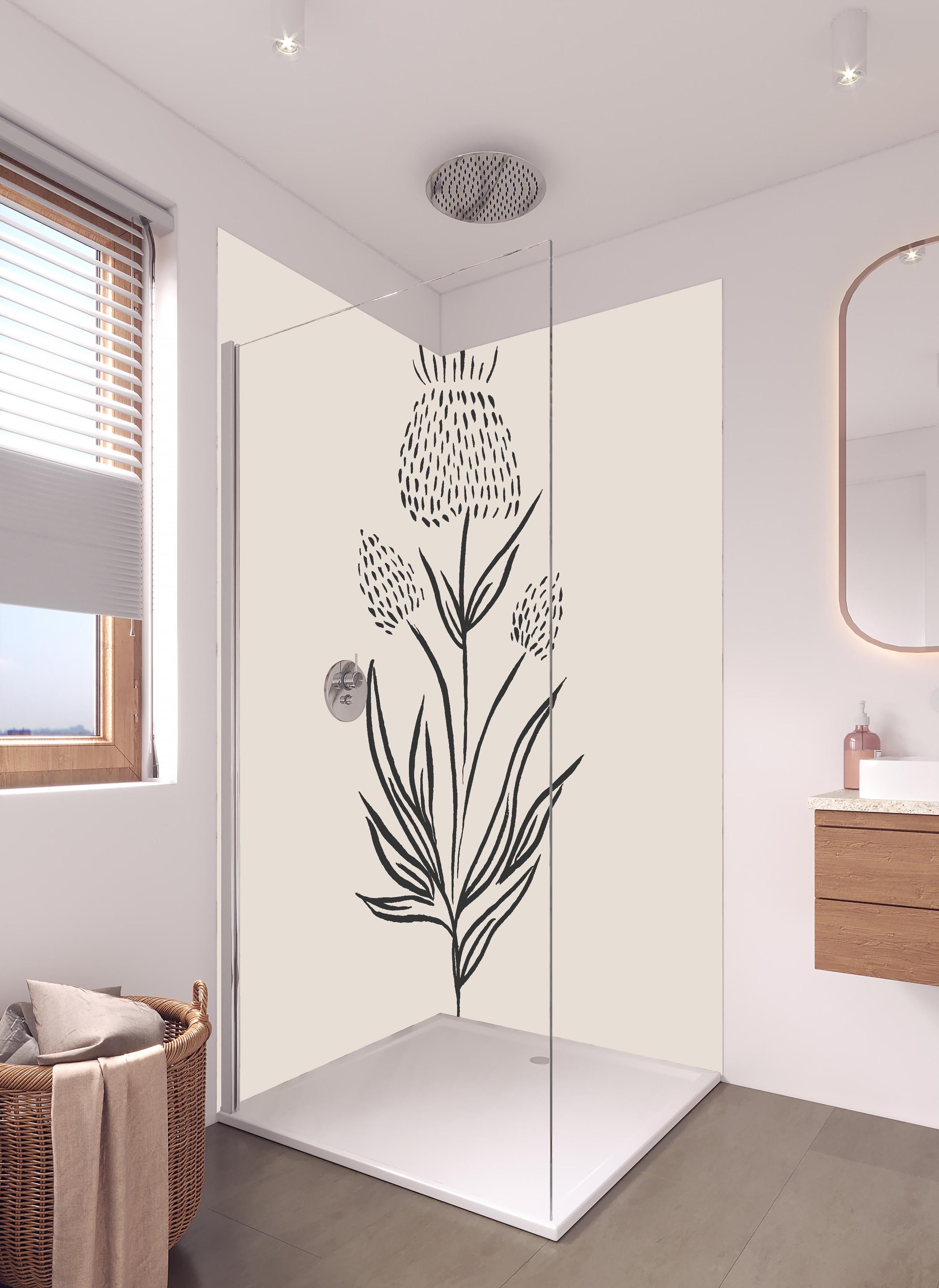 Duschrückwand - Gestrichelte Blume in hellem Badezimmer mit Regenduschkopf - zweiteilige Eck-Duschrückwand