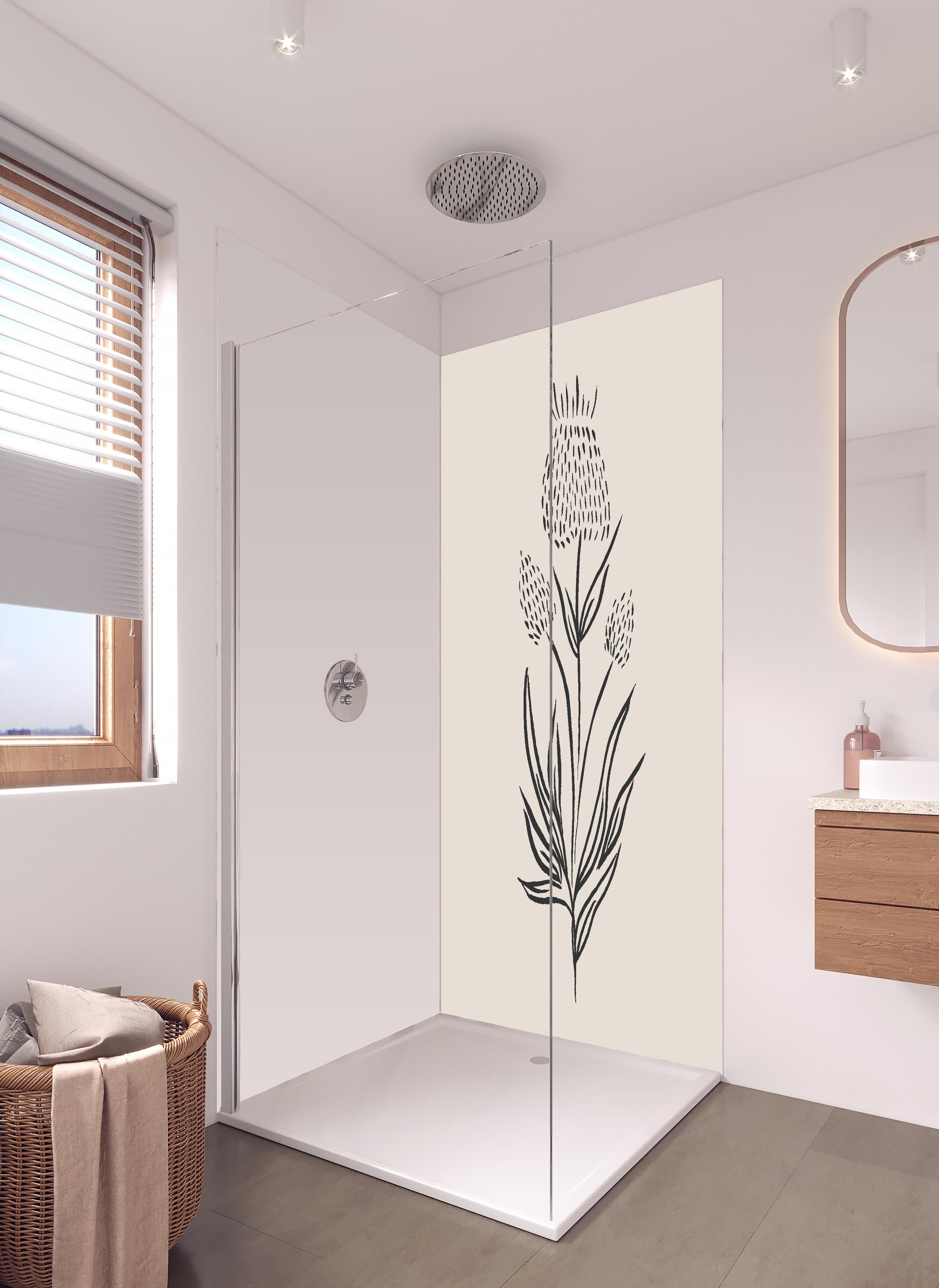 Duschrückwand - Gestrichelte Blume in hellem Badezimmer mit Regenduschkopf - zweiteilige Eck-Duschrückwand