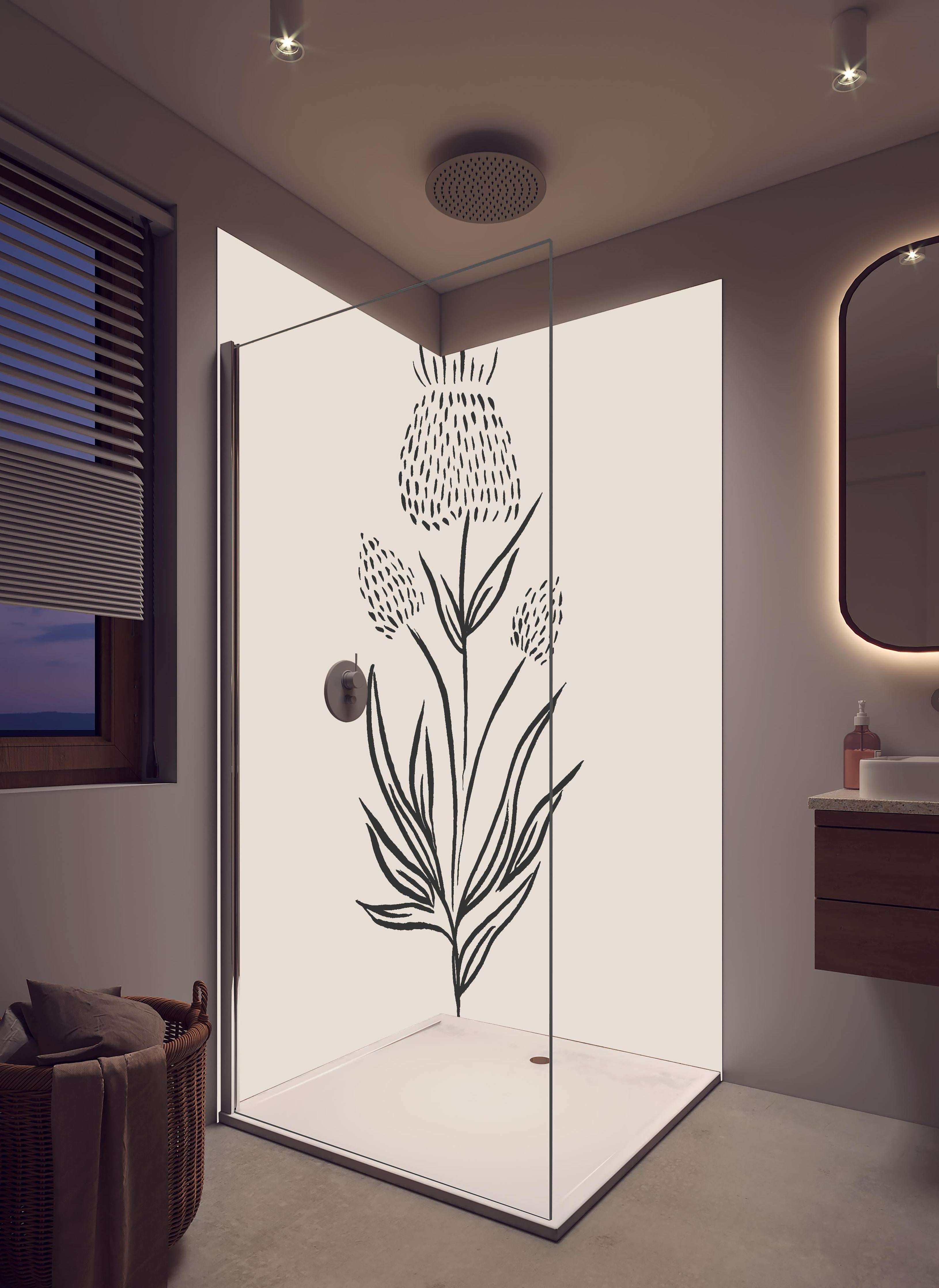 Duschrückwand - Gestrichelte Blume in hellem Badezimmer mit Regenduschkopf - zweiteilige Eck-Duschrückwand