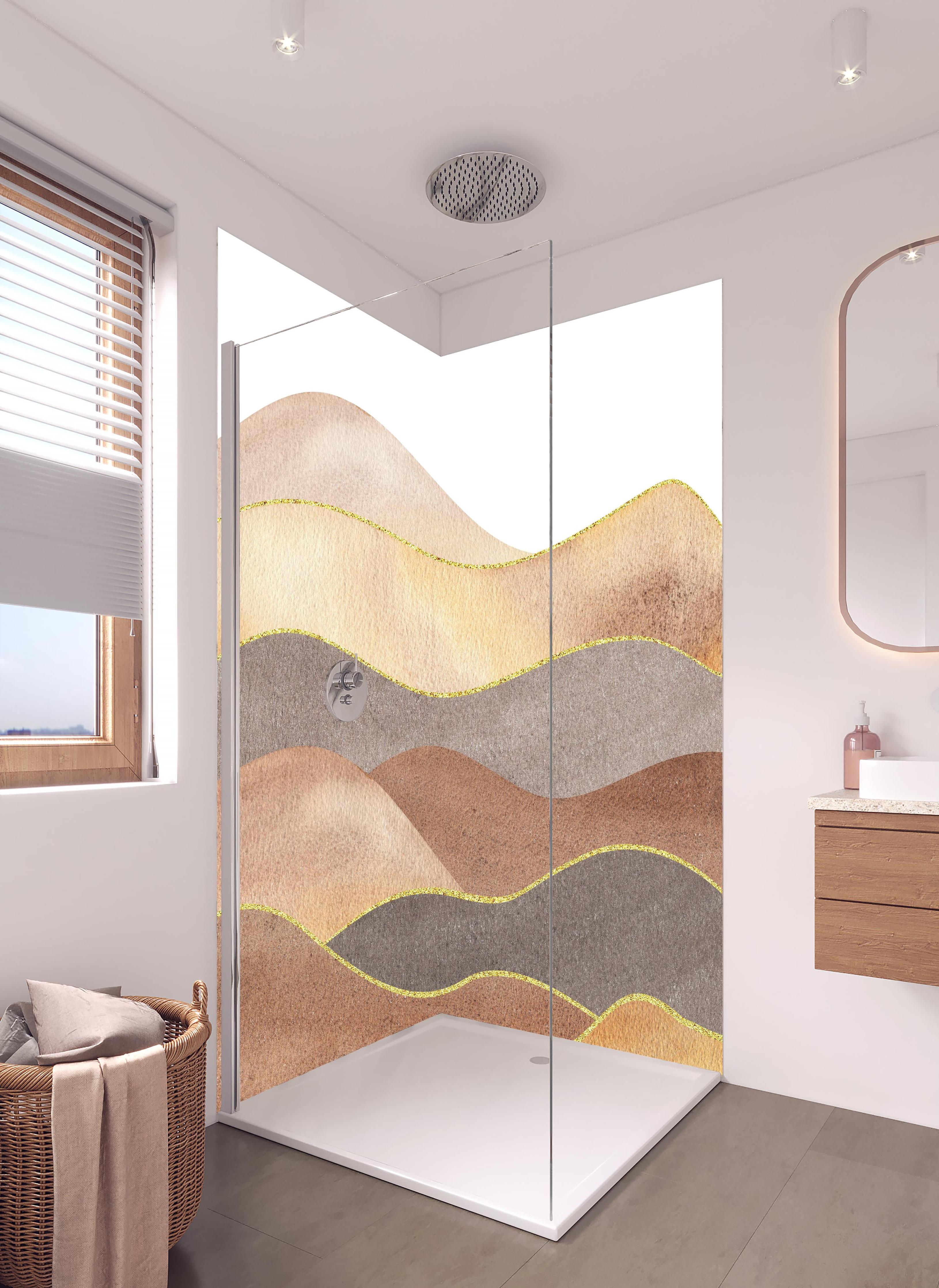 Duschrückwand - Gewellte Bergsilhouette - Aquarellformen in hellem Badezimmer mit Regenduschkopf - zweiteilige Eck-Duschrückwand