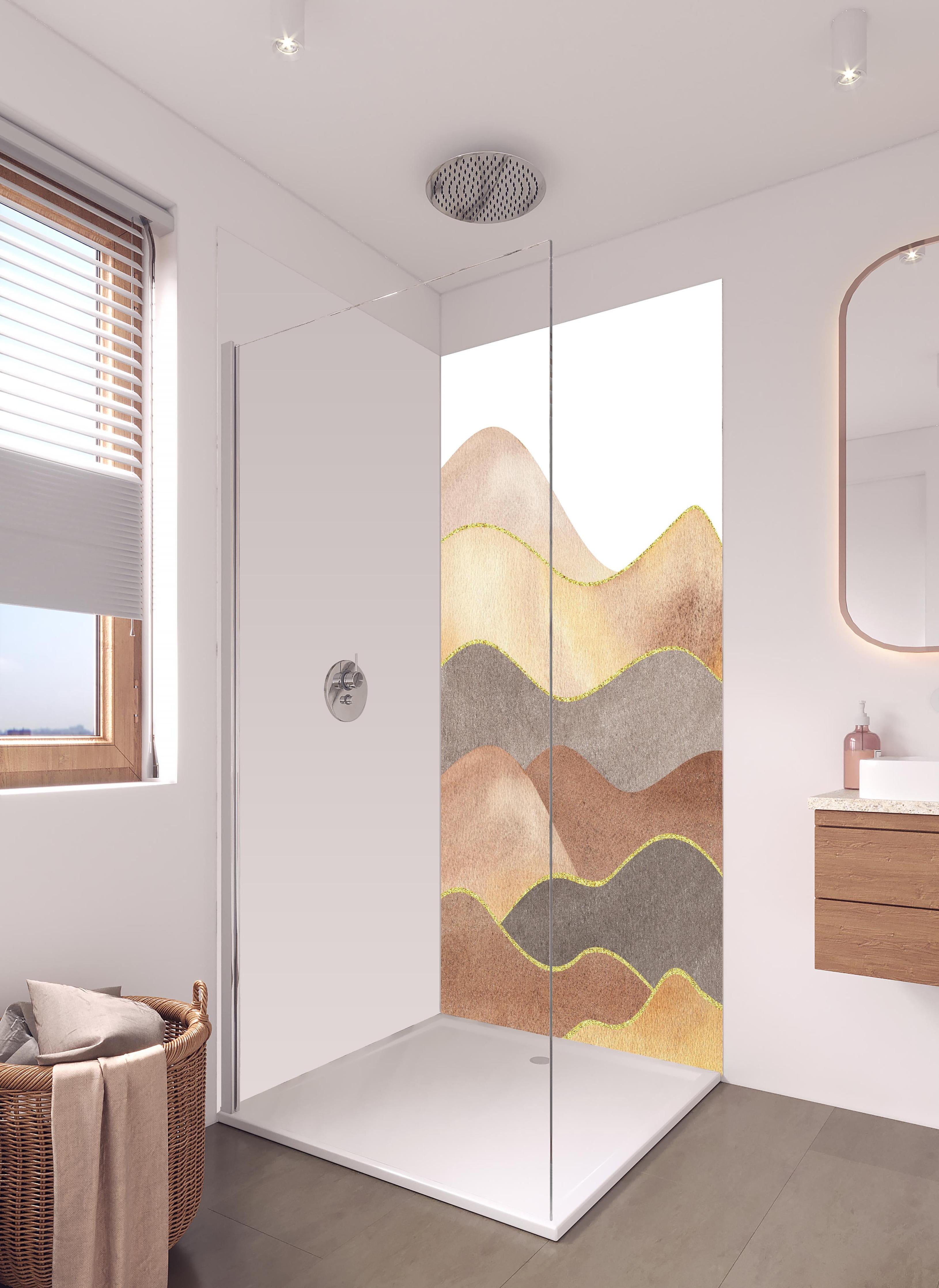 Duschrückwand - Gewellte Bergsilhouette - Aquarellformen in hellem Badezimmer mit Regenduschkopf - zweiteilige Eck-Duschrückwand