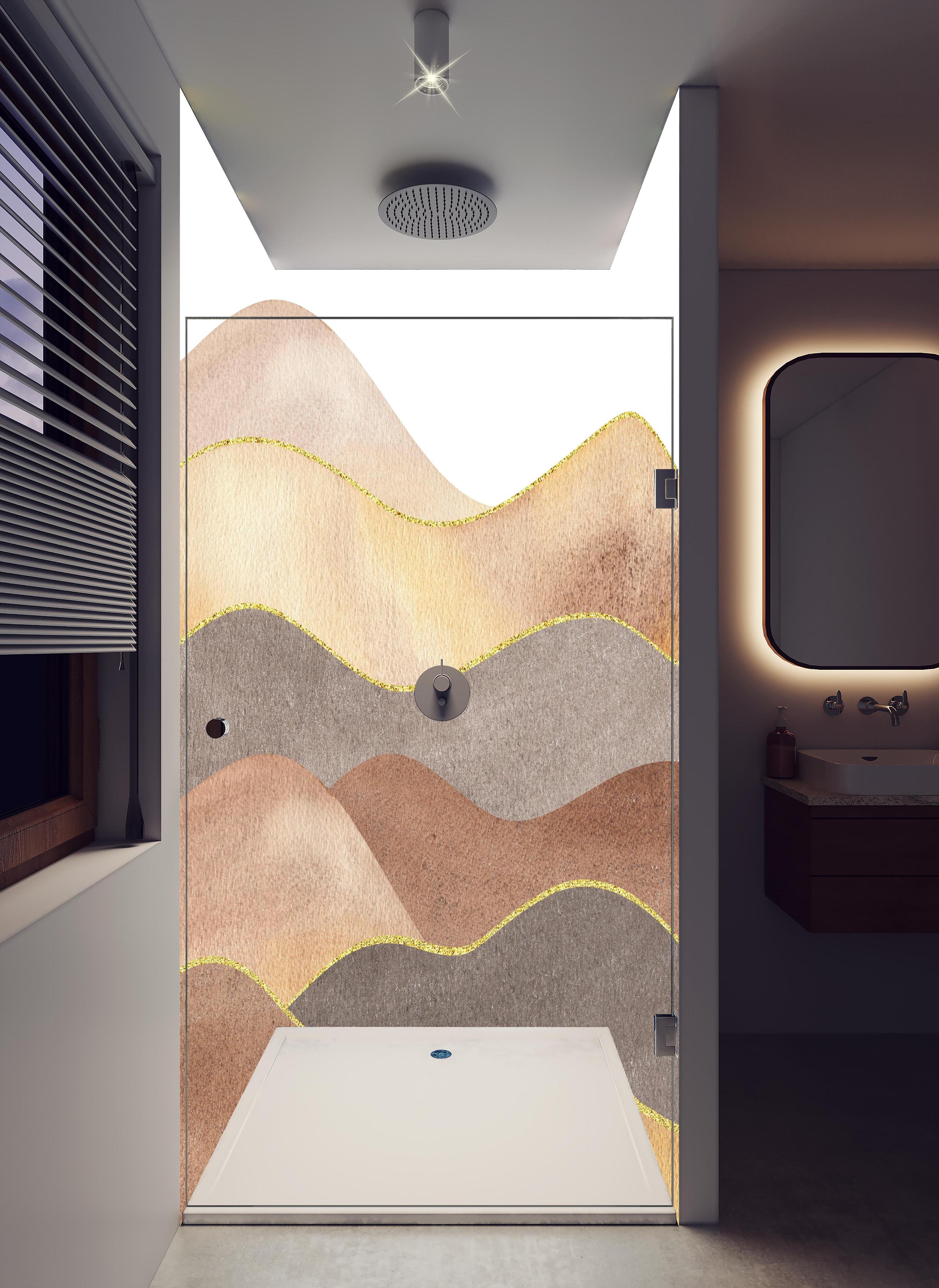 Duschrückwand - Gewellte Bergsilhouette - Aquarellformen in hellem Badezimmer mit Regenduschkopf - zweiteilige Eck-Duschrückwand
