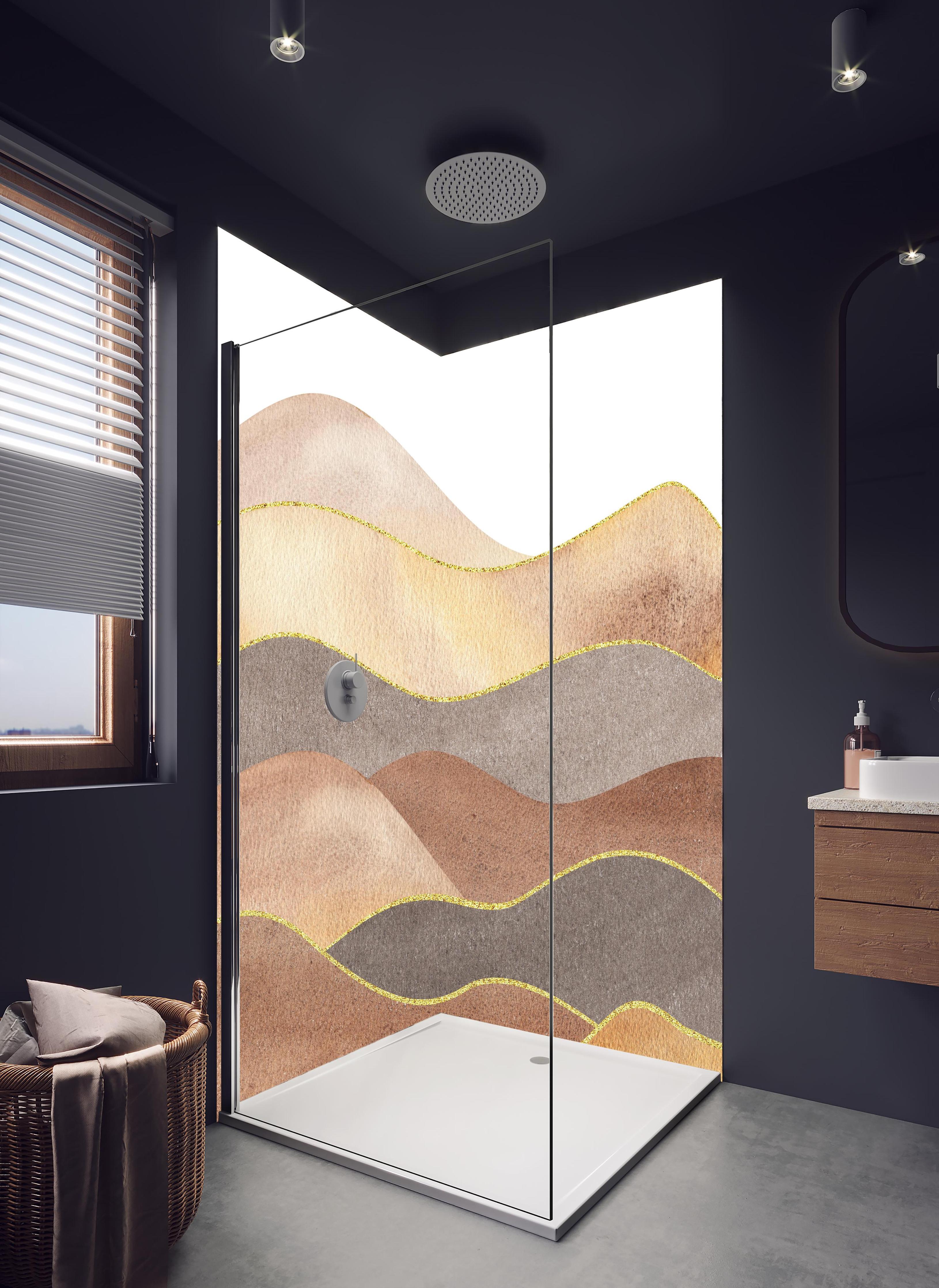 Duschrückwand - Gewellte Bergsilhouette - Aquarellformen in hellem Badezimmer mit Regenduschkopf - zweiteilige Eck-Duschrückwand