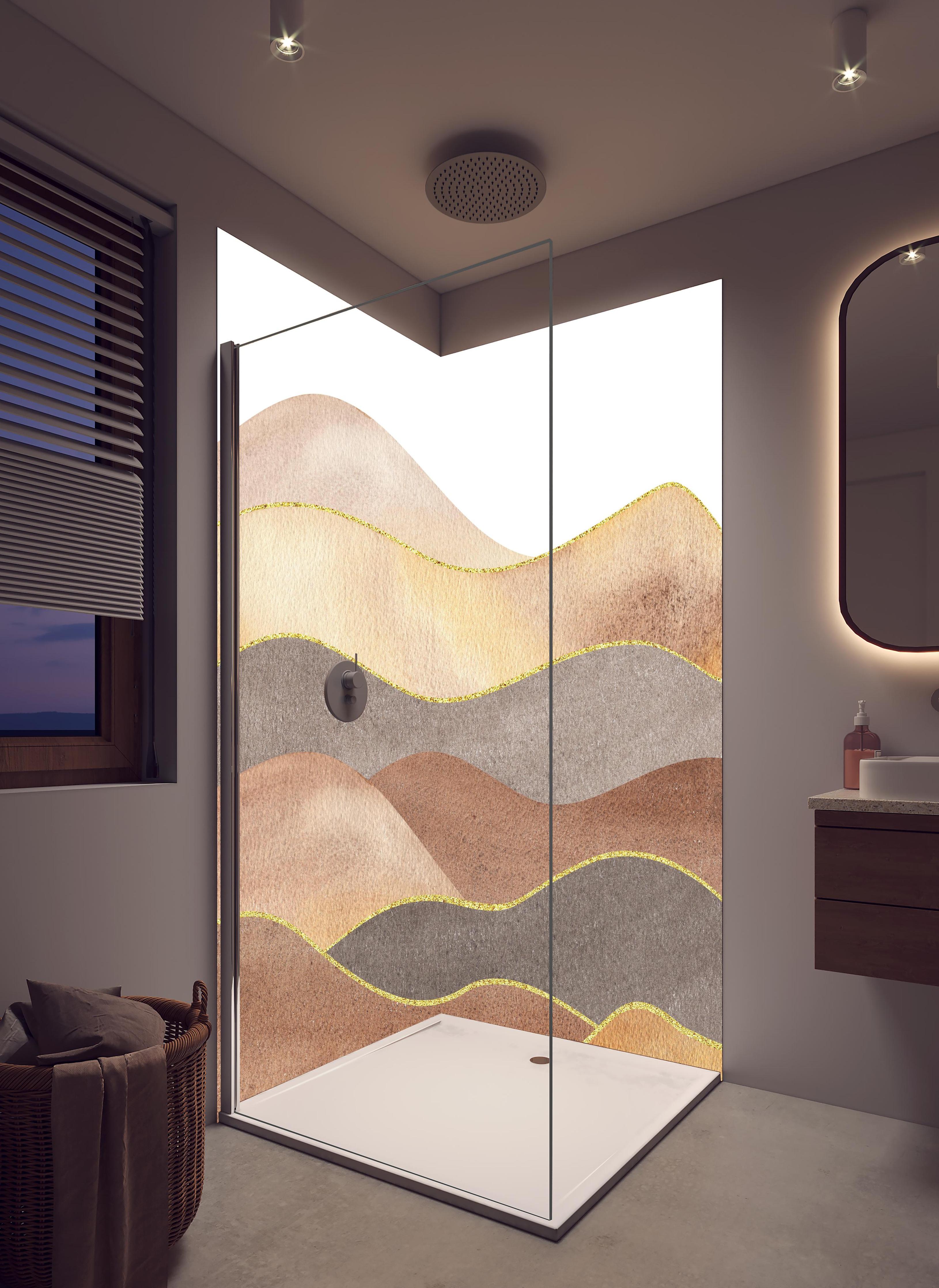 Duschrückwand - Gewellte Bergsilhouette - Aquarellformen in hellem Badezimmer mit Regenduschkopf - zweiteilige Eck-Duschrückwand