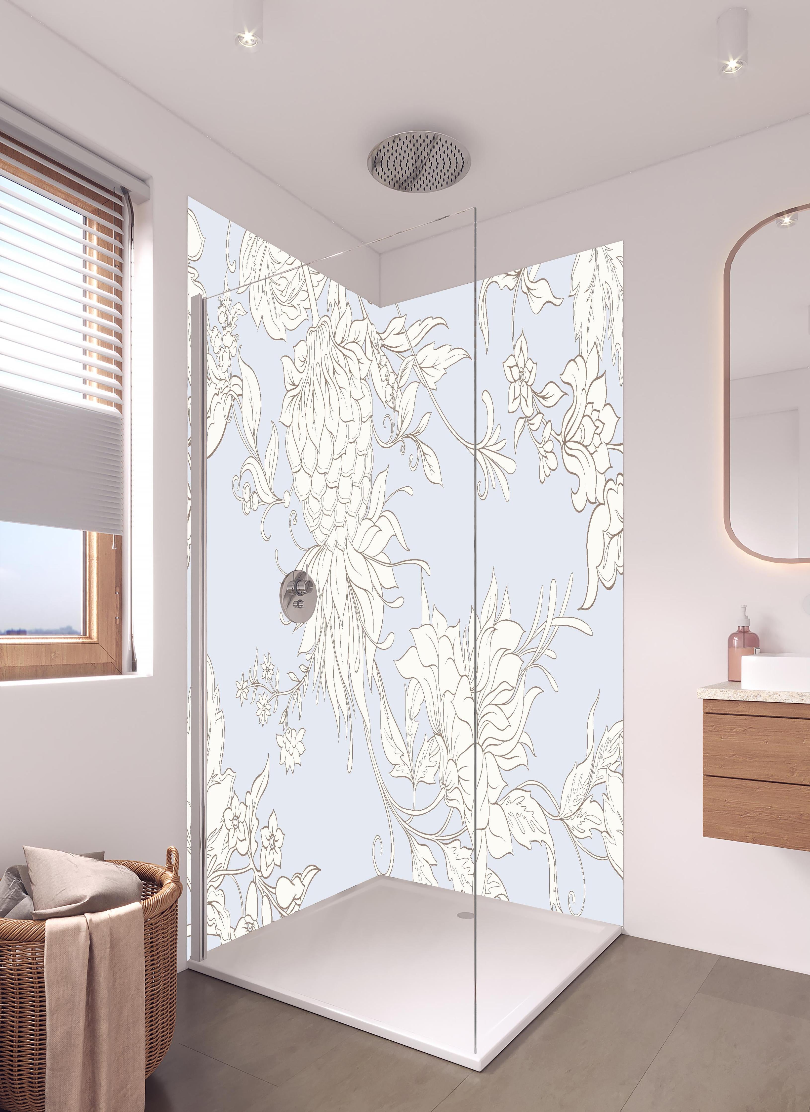 Duschrückwand - Gezeichnete Fantasie Blumen in Weiß und Grau in hellem Badezimmer mit Regenduschkopf - zweiteilige Eck-Duschrückwand
