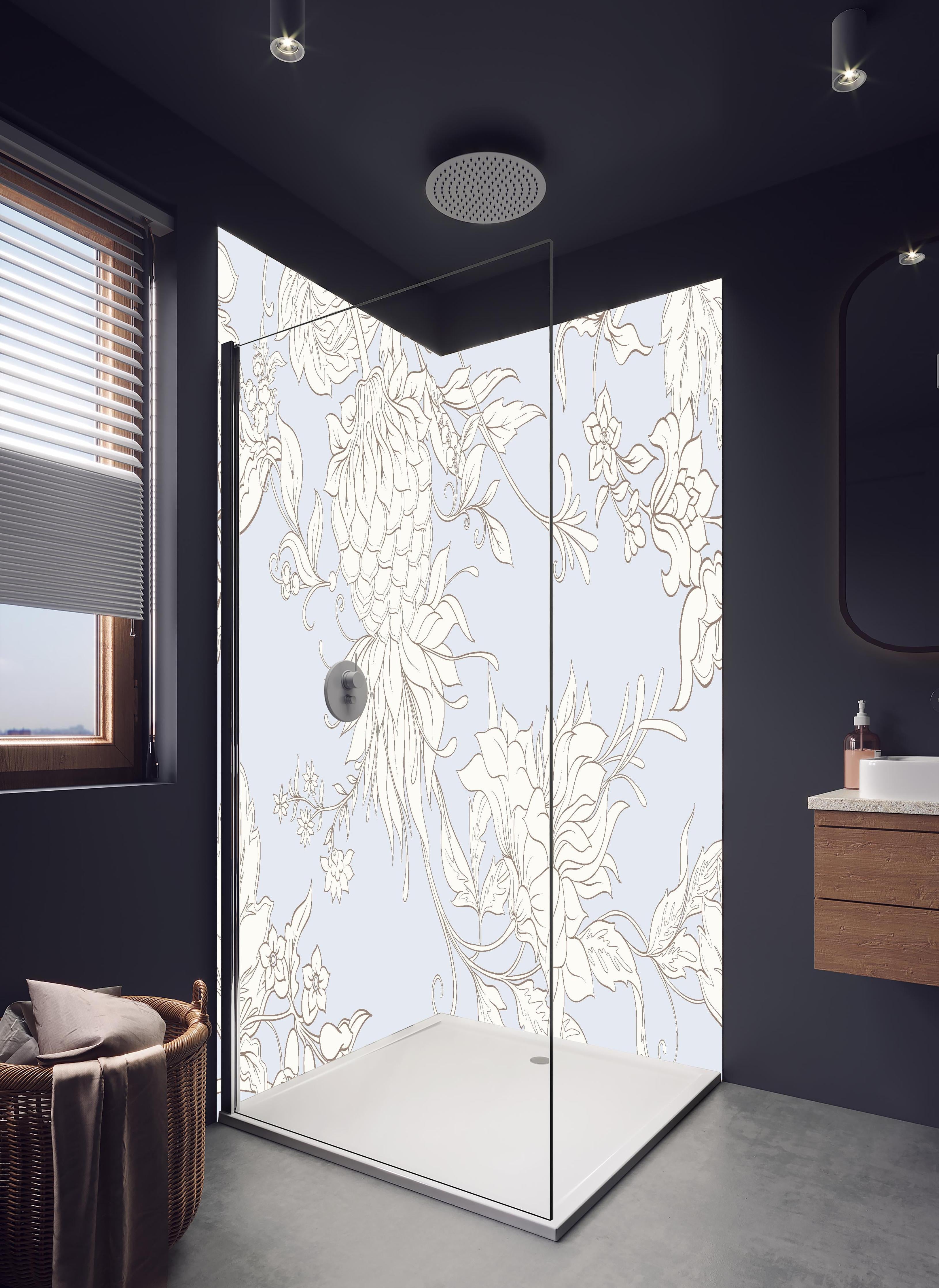 Duschrückwand - Gezeichnete Fantasie Blumen in Weiß und Grau in hellem Badezimmer mit Regenduschkopf - zweiteilige Eck-Duschrückwand