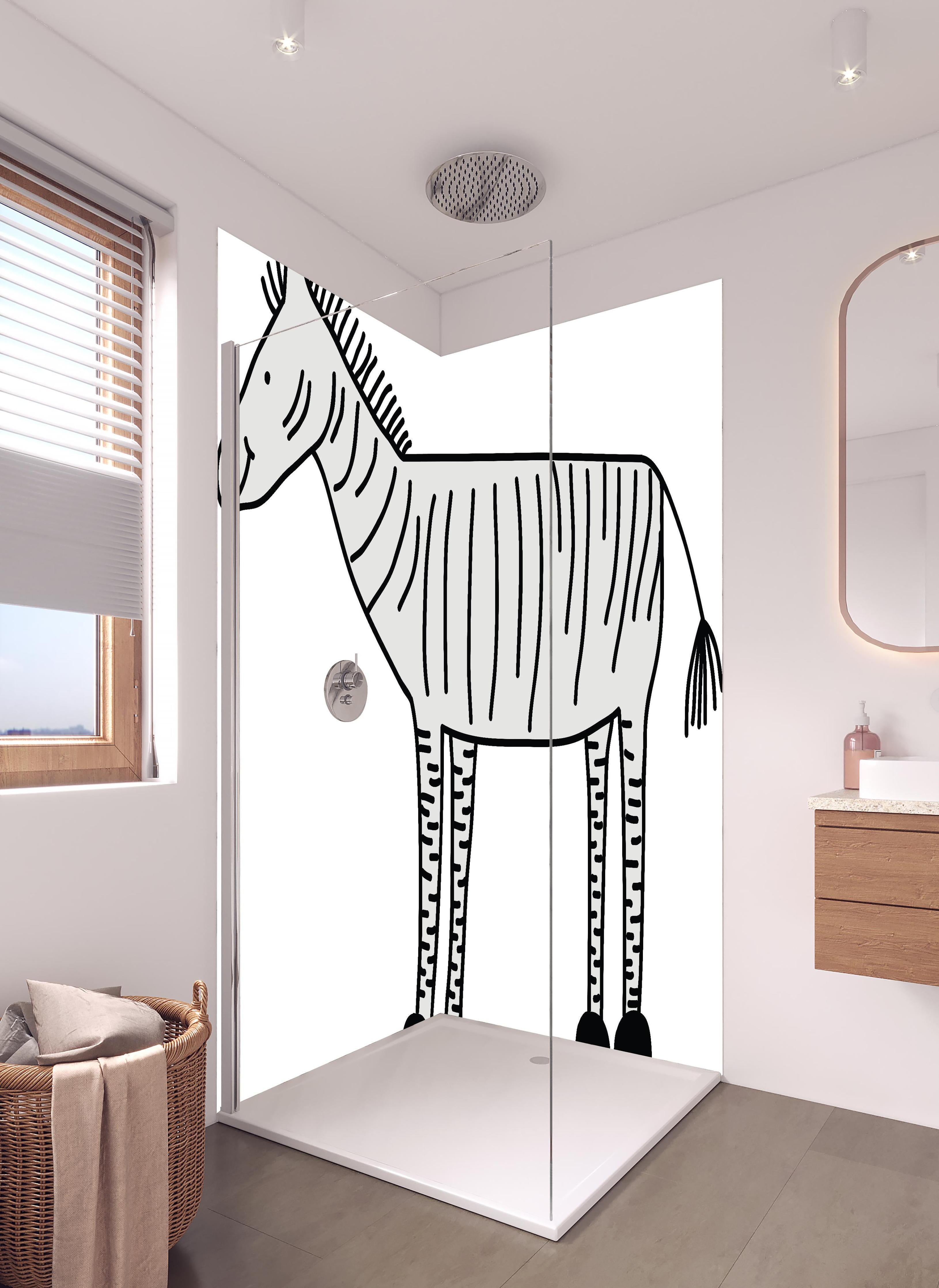 Duschrückwand - Gezeichnete Schwarz-Weiße Zebrafigur in hellem Badezimmer mit Regenduschkopf - zweiteilige Eck-Duschrückwand