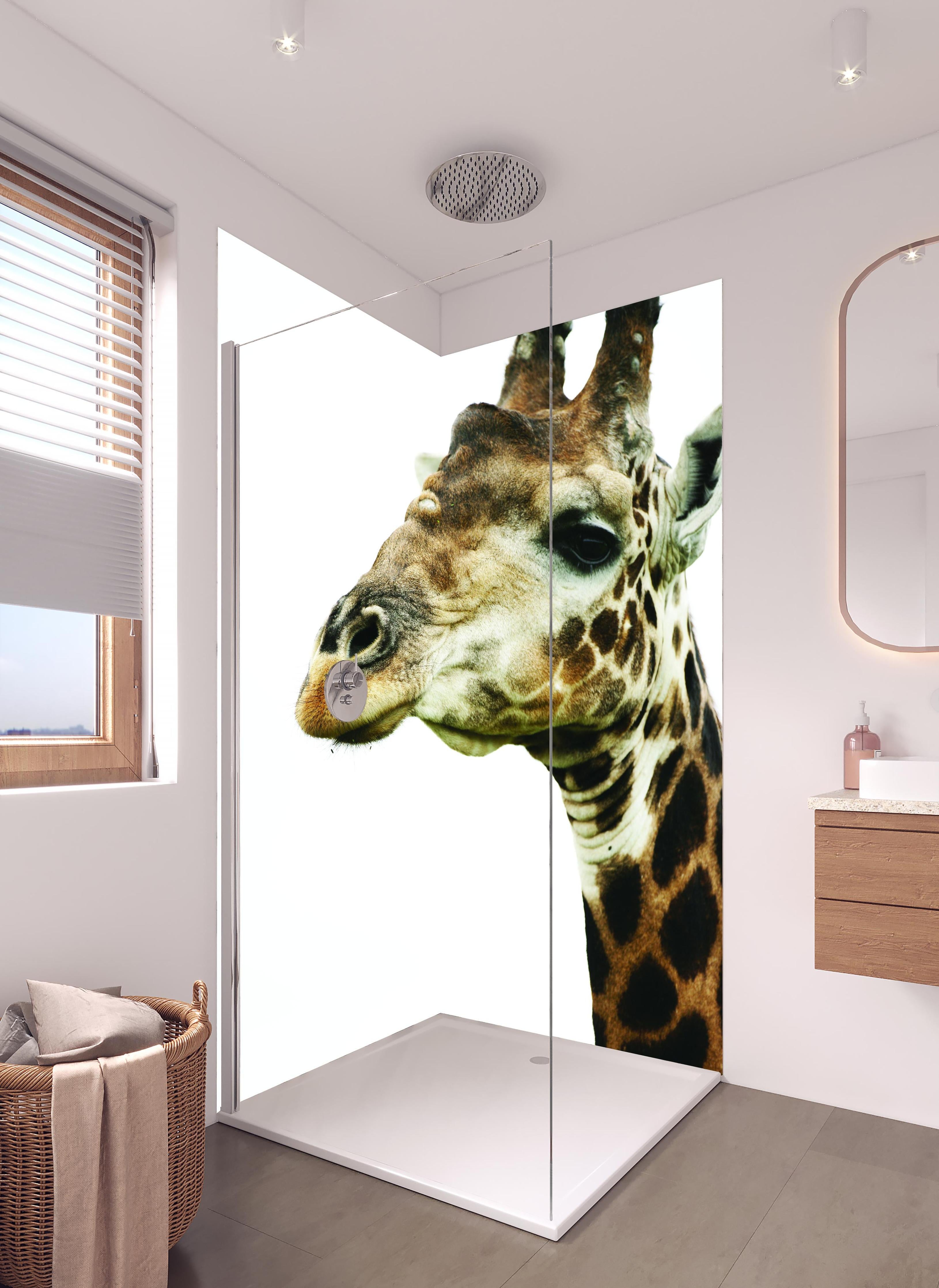 Duschrückwand - Giraffe - Nahaufnahme in hellem Badezimmer mit Regenduschkopf - zweiteilige Eck-Duschrückwand