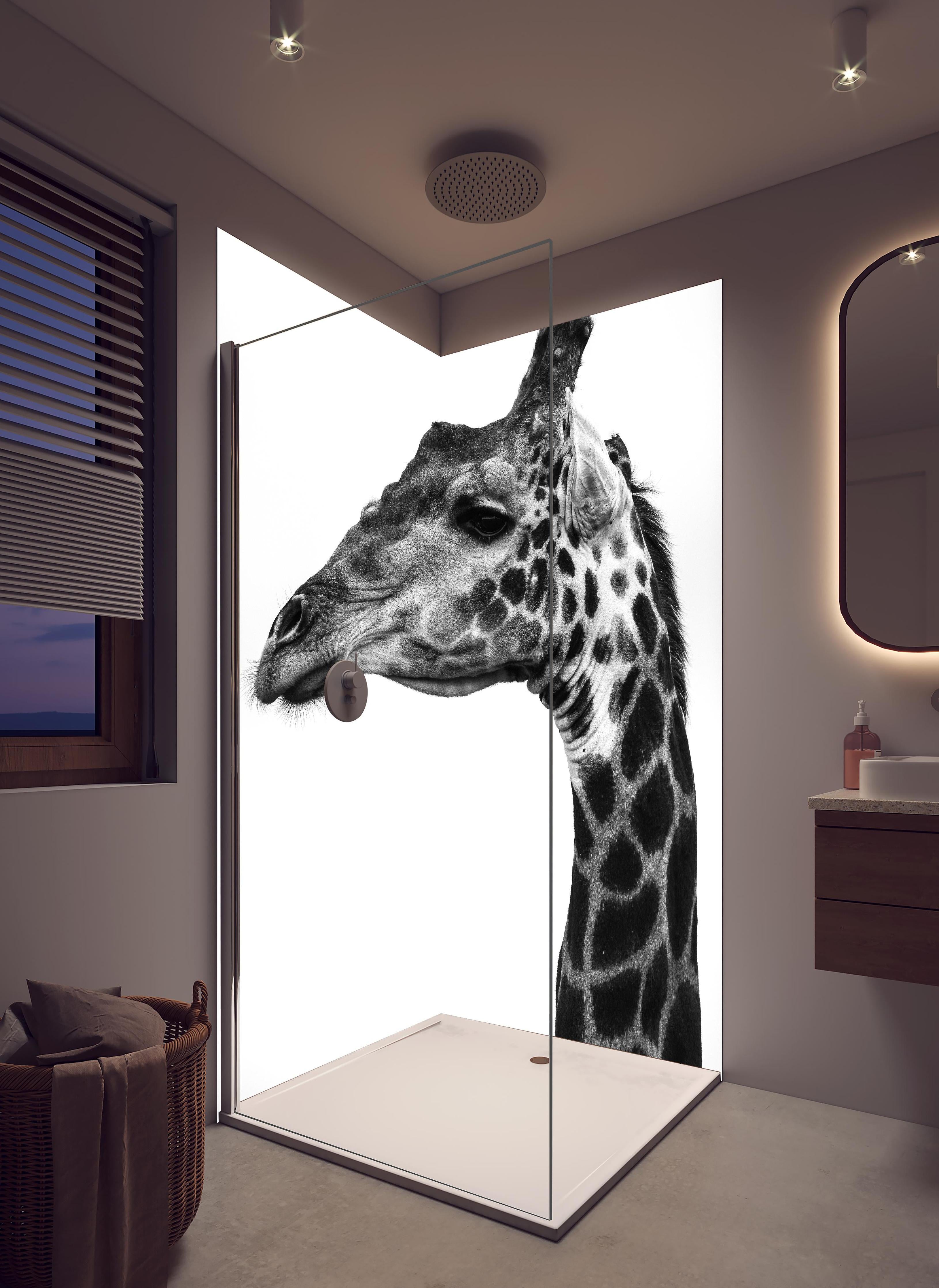 Duschrückwand - Giraffe - schwarz-weiß in hellem Badezimmer mit Regenduschkopf - zweiteilige Eck-Duschrückwand