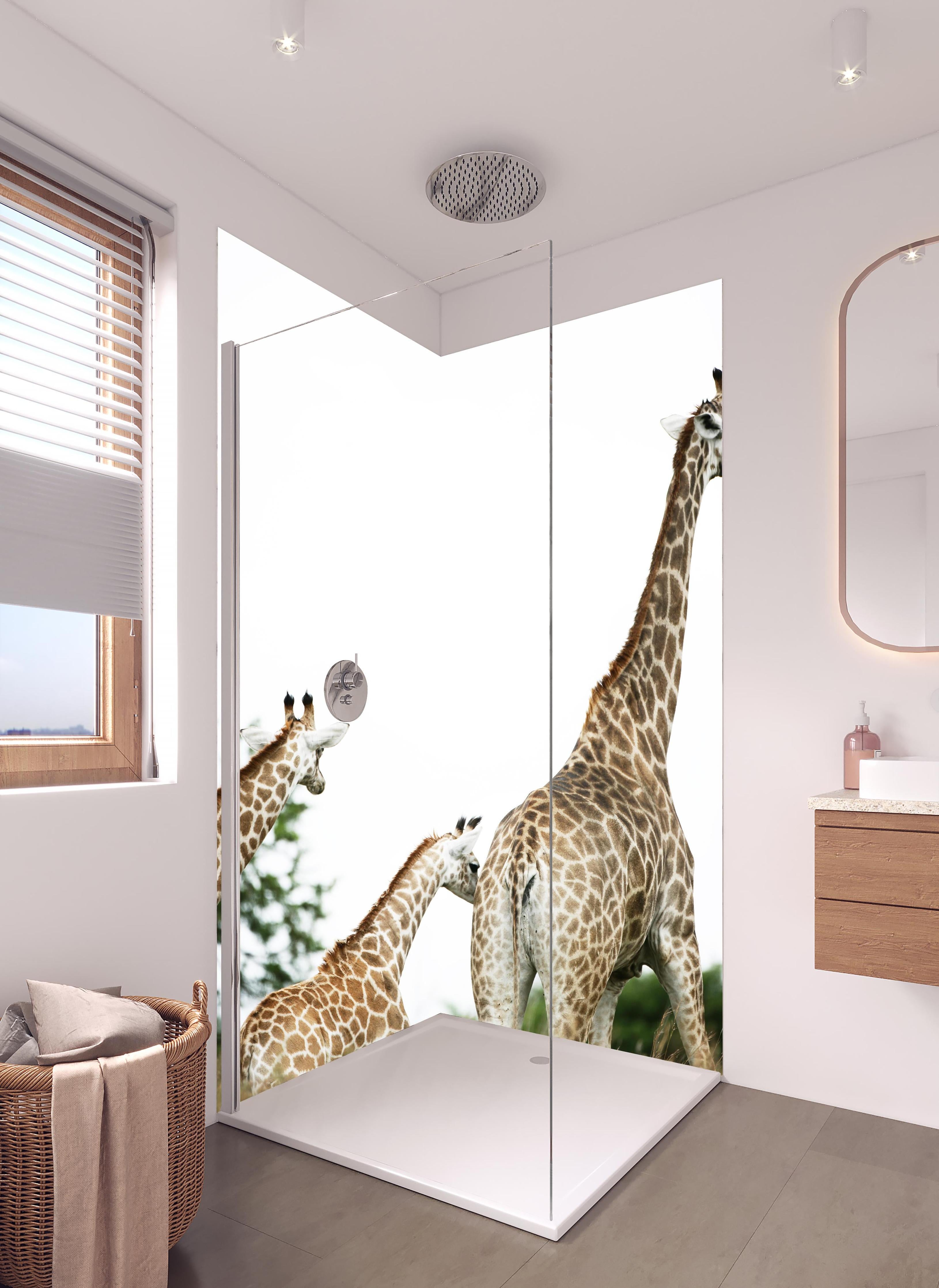 Duschrückwand - Giraffen Familie - hell in hellem Badezimmer mit Regenduschkopf - zweiteilige Eck-Duschrückwand
