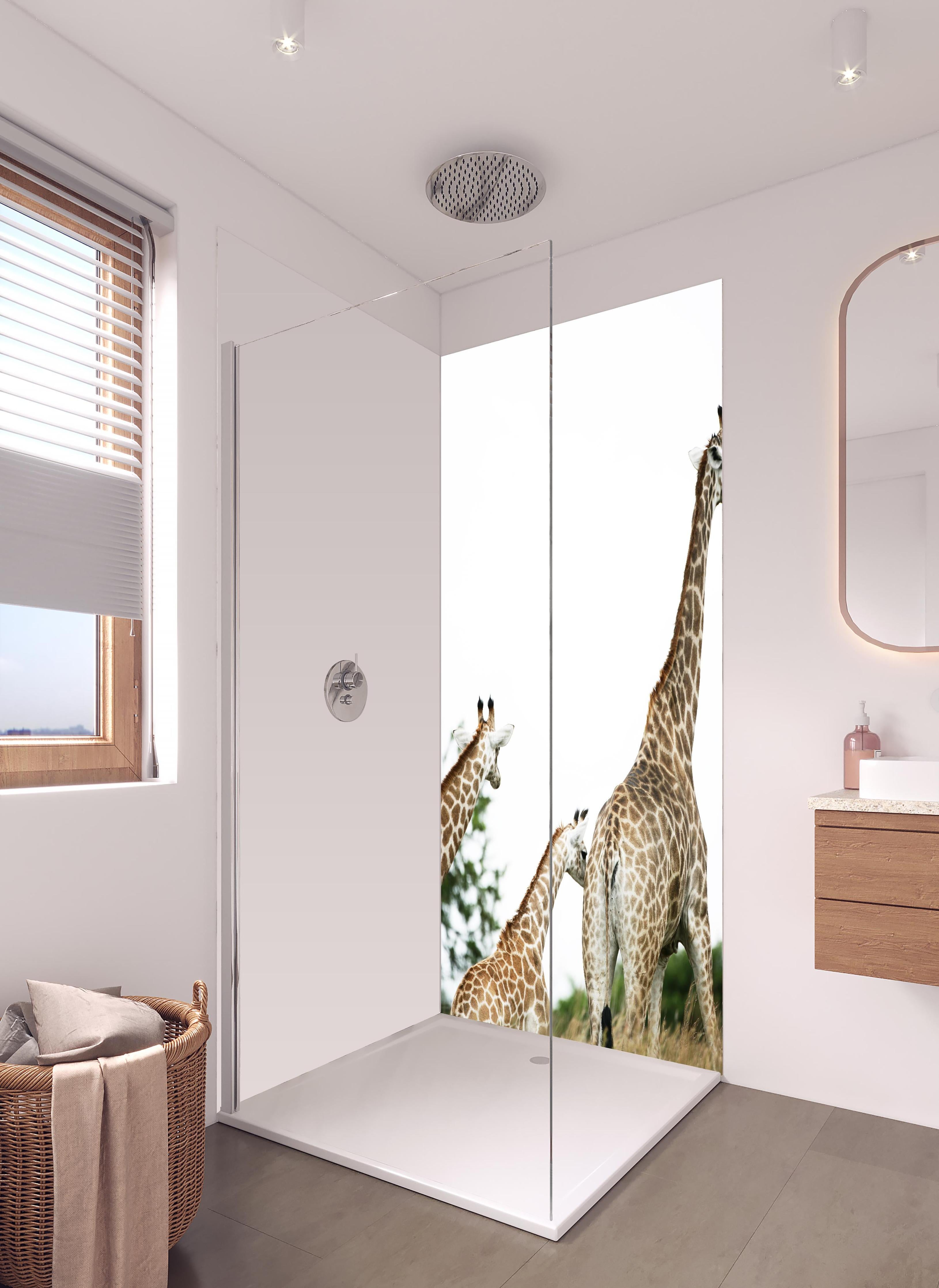 Duschrückwand - Giraffen Familie - hell in hellem Badezimmer mit Regenduschkopf - zweiteilige Eck-Duschrückwand