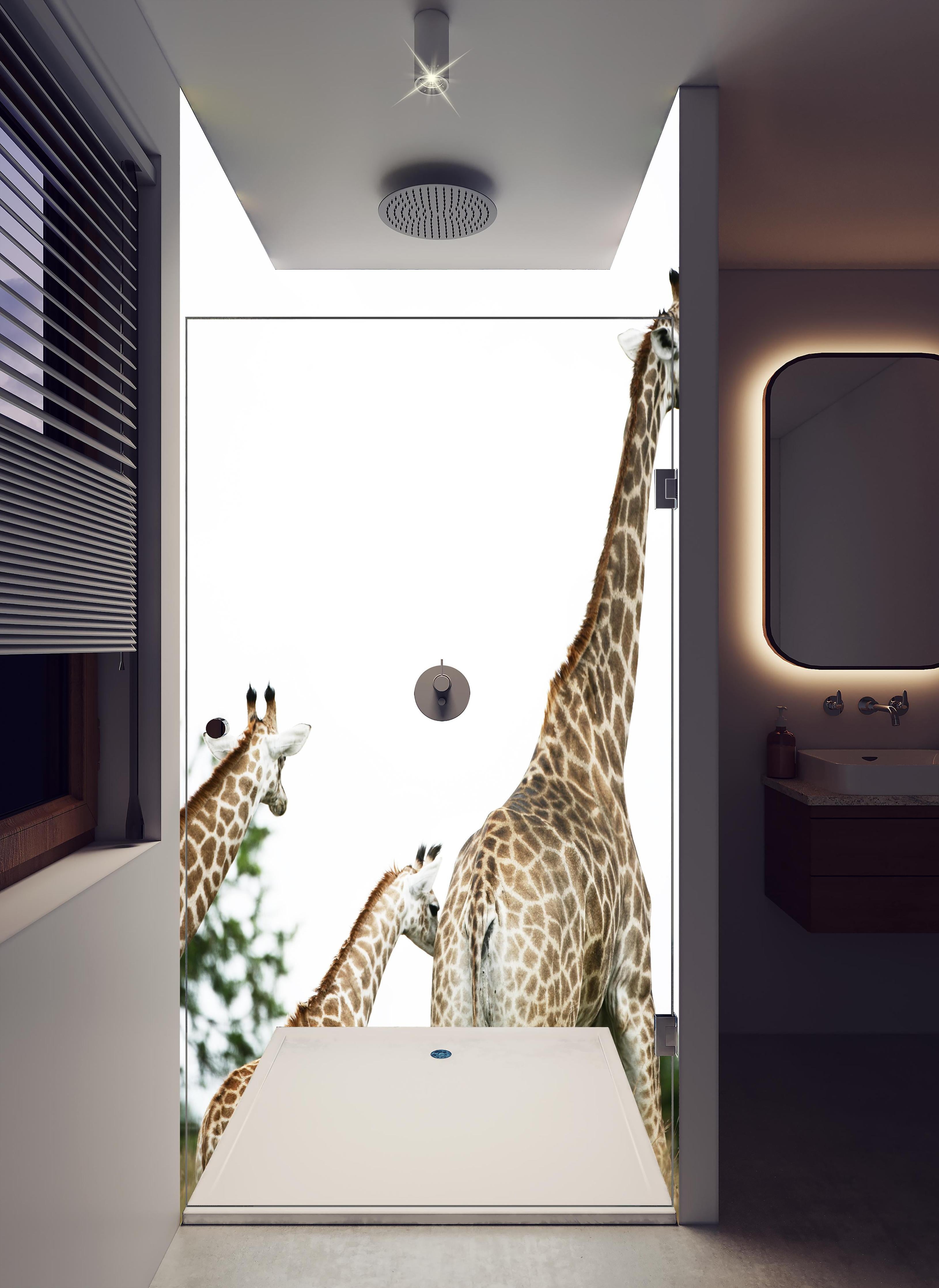 Duschrückwand - Giraffen Familie - hell in hellem Badezimmer mit Regenduschkopf - zweiteilige Eck-Duschrückwand