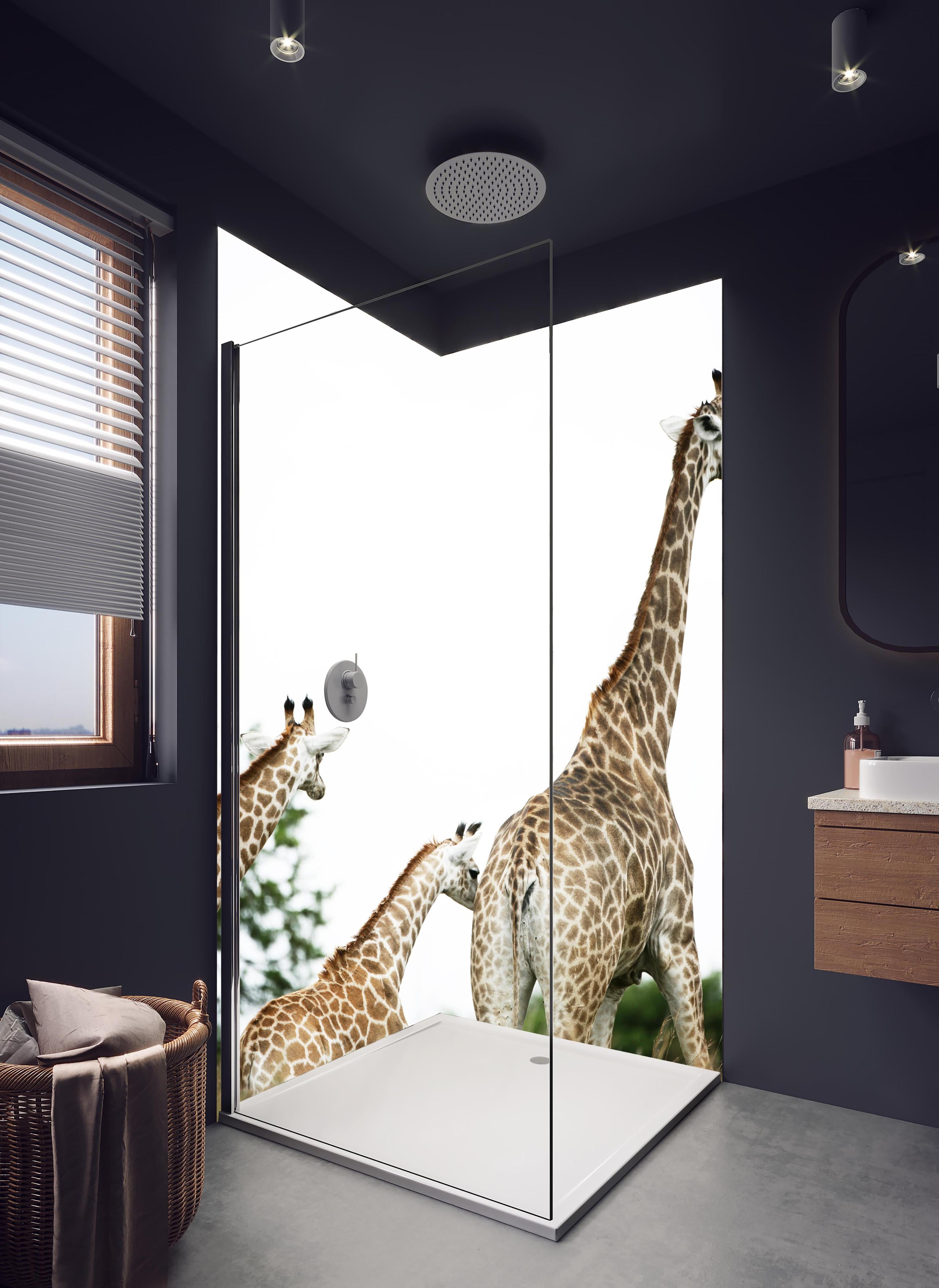 Duschrückwand - Giraffen Familie - hell in hellem Badezimmer mit Regenduschkopf - zweiteilige Eck-Duschrückwand