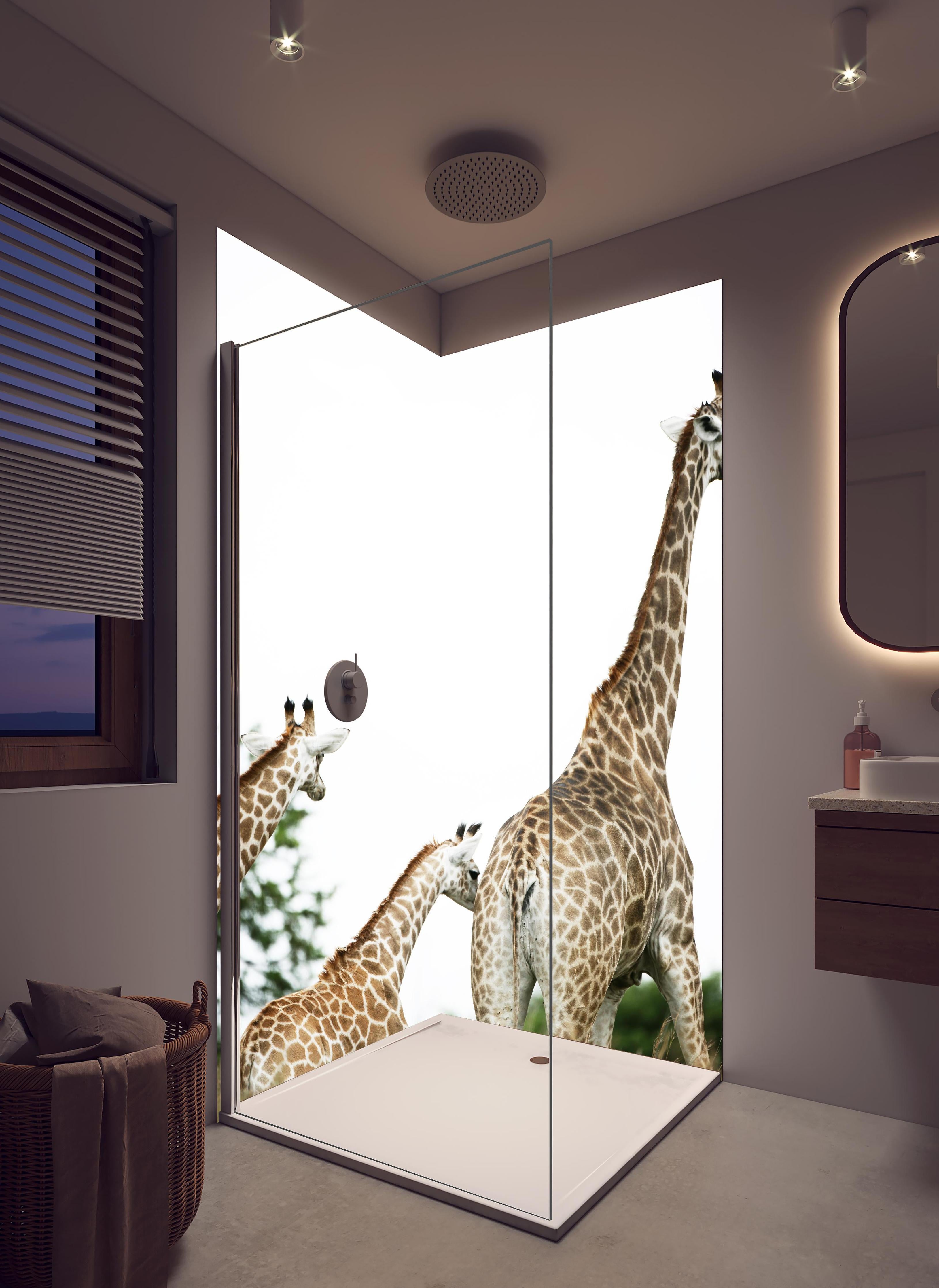 Duschrückwand - Giraffen Familie - hell in hellem Badezimmer mit Regenduschkopf - zweiteilige Eck-Duschrückwand