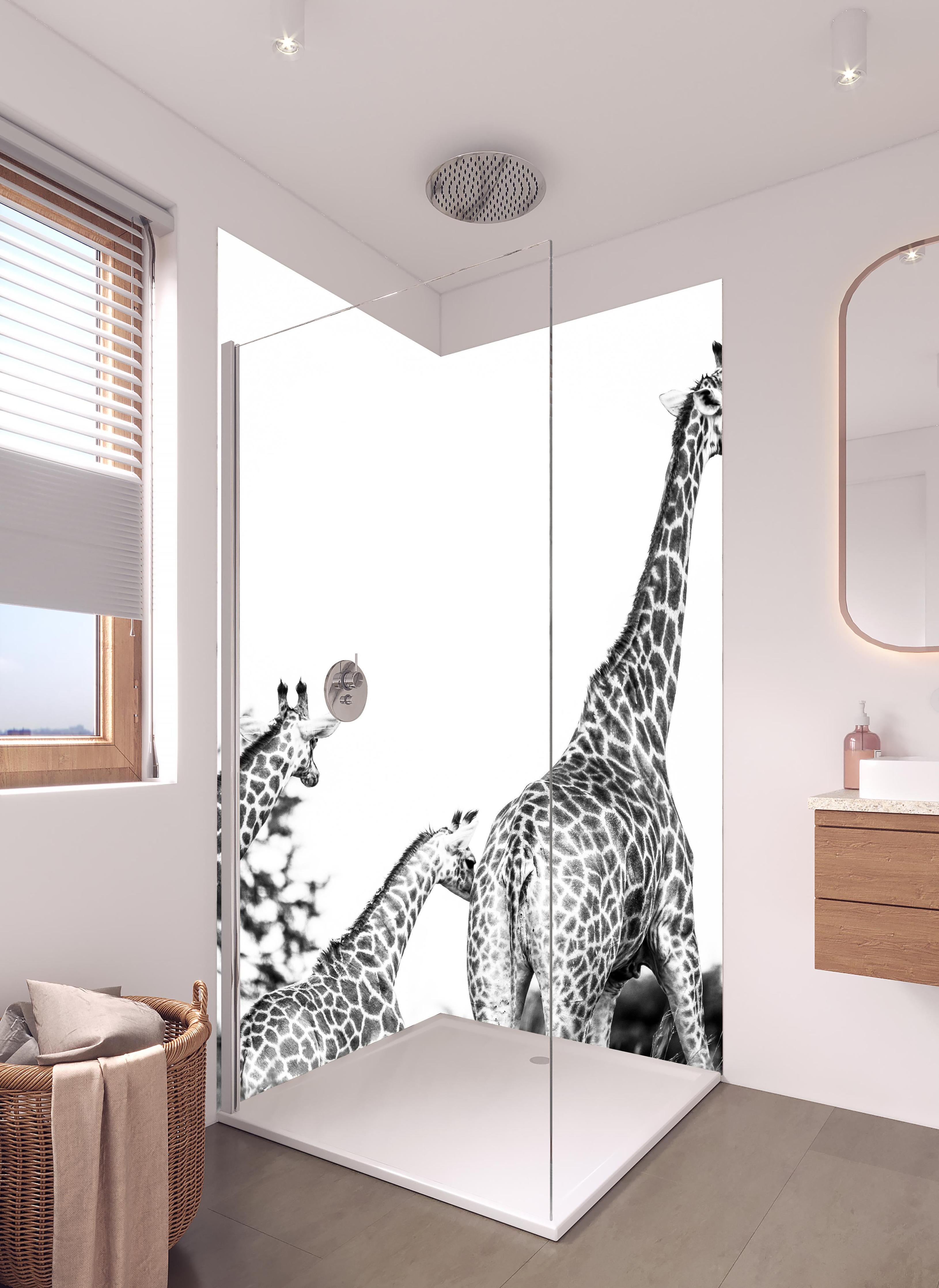 Duschrückwand - Giraffen Familie - schwarz-weiß in hellem Badezimmer mit Regenduschkopf - zweiteilige Eck-Duschrückwand