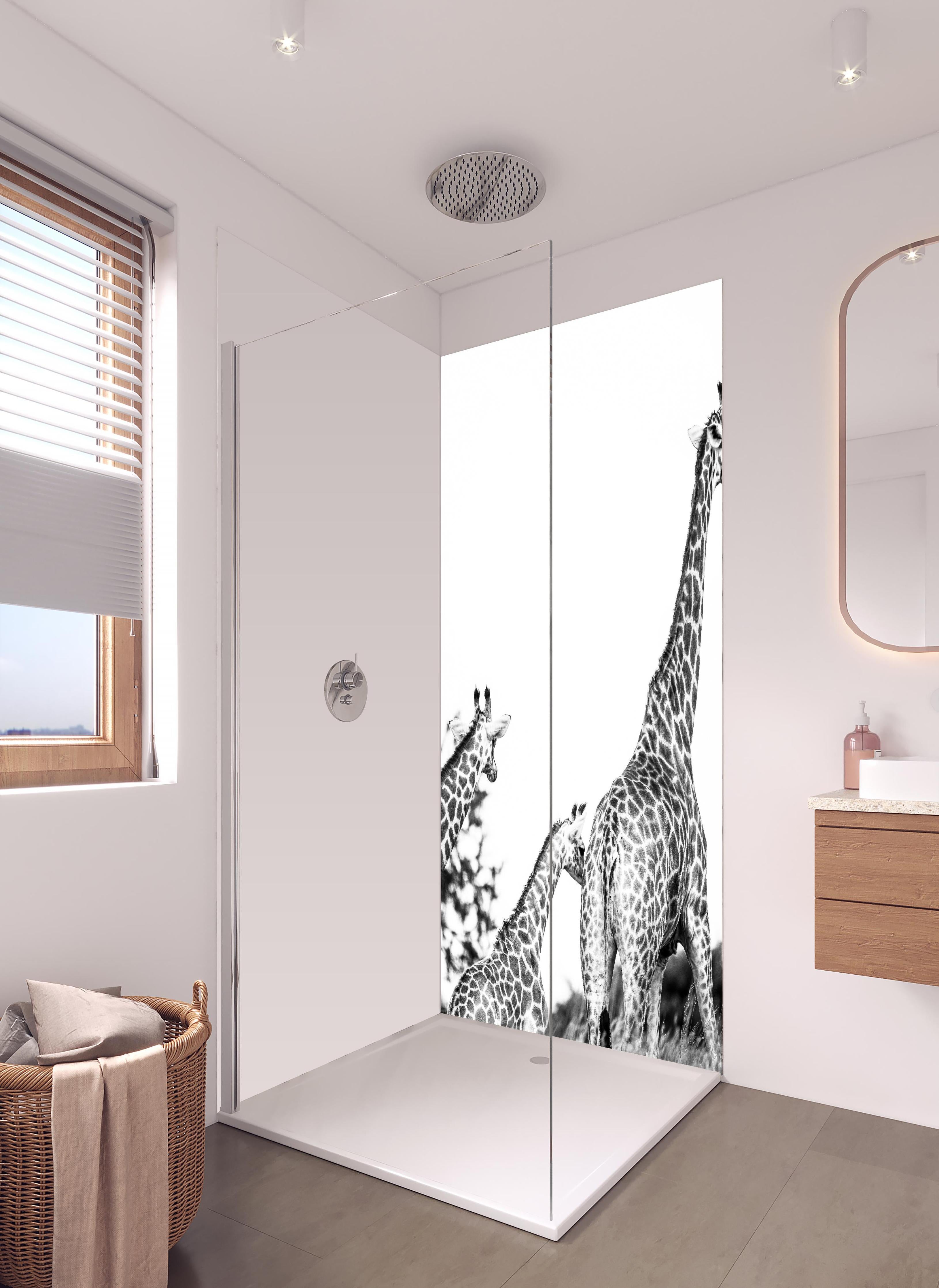 Duschrückwand - Giraffen Familie - schwarz-weiß in hellem Badezimmer mit Regenduschkopf - zweiteilige Eck-Duschrückwand