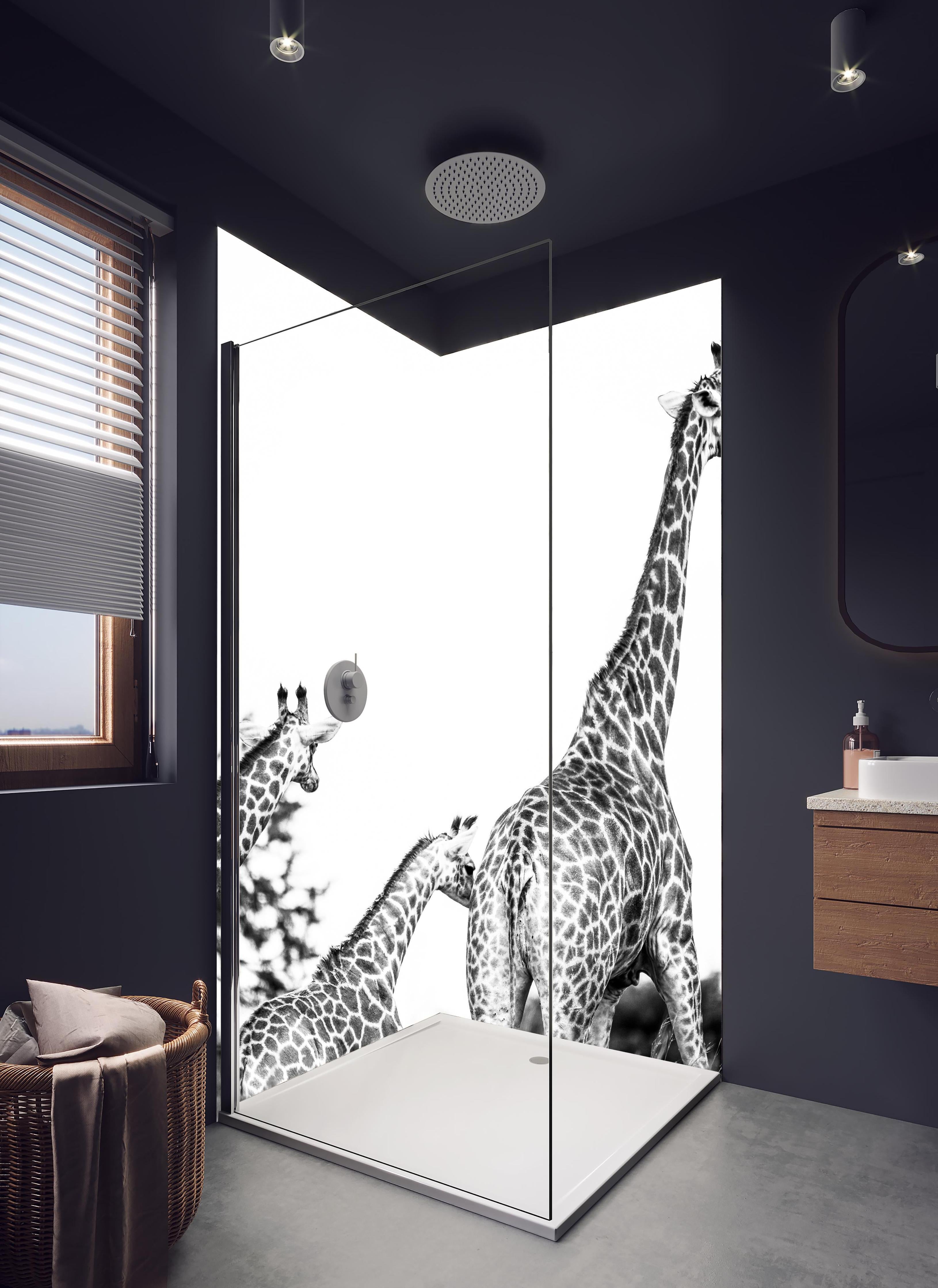 Duschrückwand - Giraffen Familie - schwarz-weiß in hellem Badezimmer mit Regenduschkopf - zweiteilige Eck-Duschrückwand